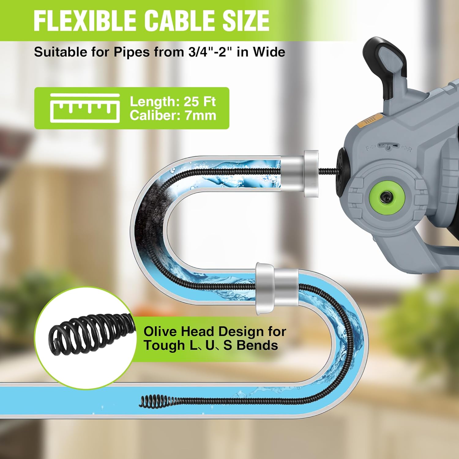 Diagram showing the flexible cable of the WORKPRO drain auger navigating a pipe with an olive-shaped head.