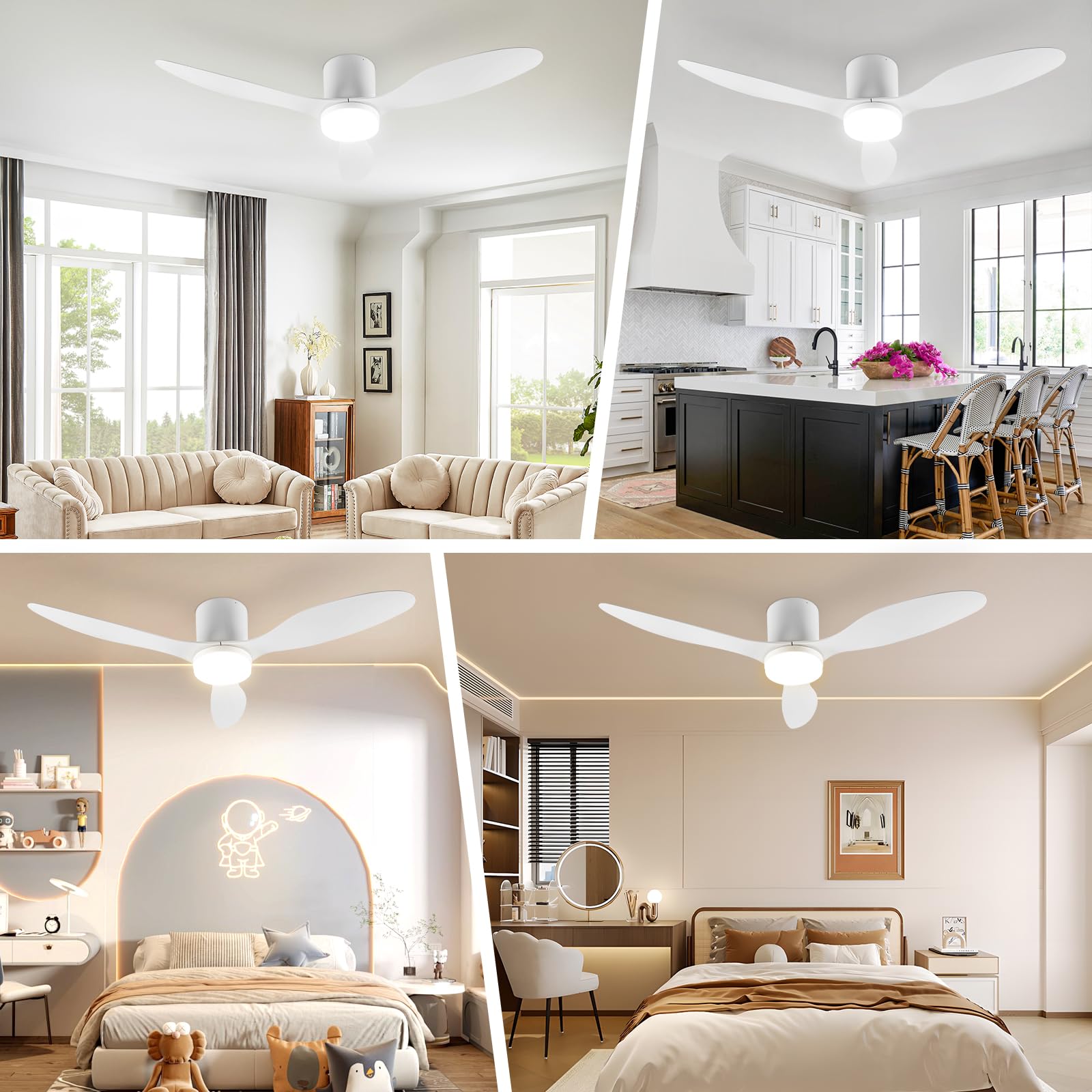 Silenzioso Ventilatore da Soffitto 130CM Con Luce e Telecomando - 60W DC Reversibile, 6 Velocità, 3 Pale, Timer, Lampada Dimmerabile - Bianco