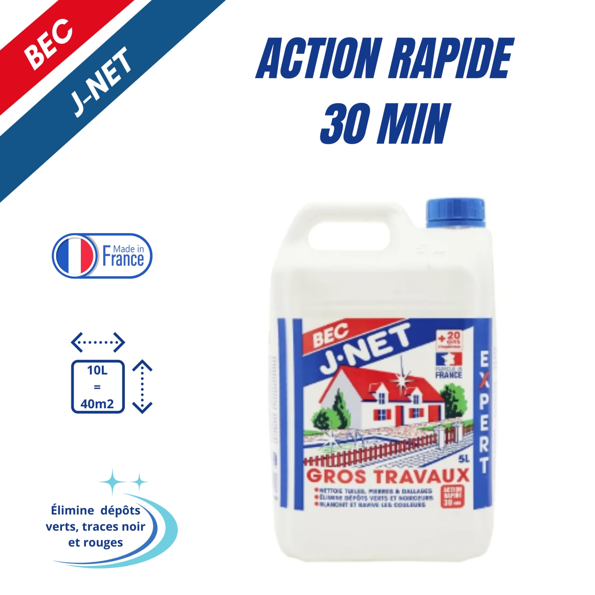 Nettoyant J-net Bec Gros Travaux 10l - Détruit dépôts vert & noirceurs - Nettoyant Puissant multi-surface - Redonne aux façades, toitures, sols leurs état d’origine - Made in France.
