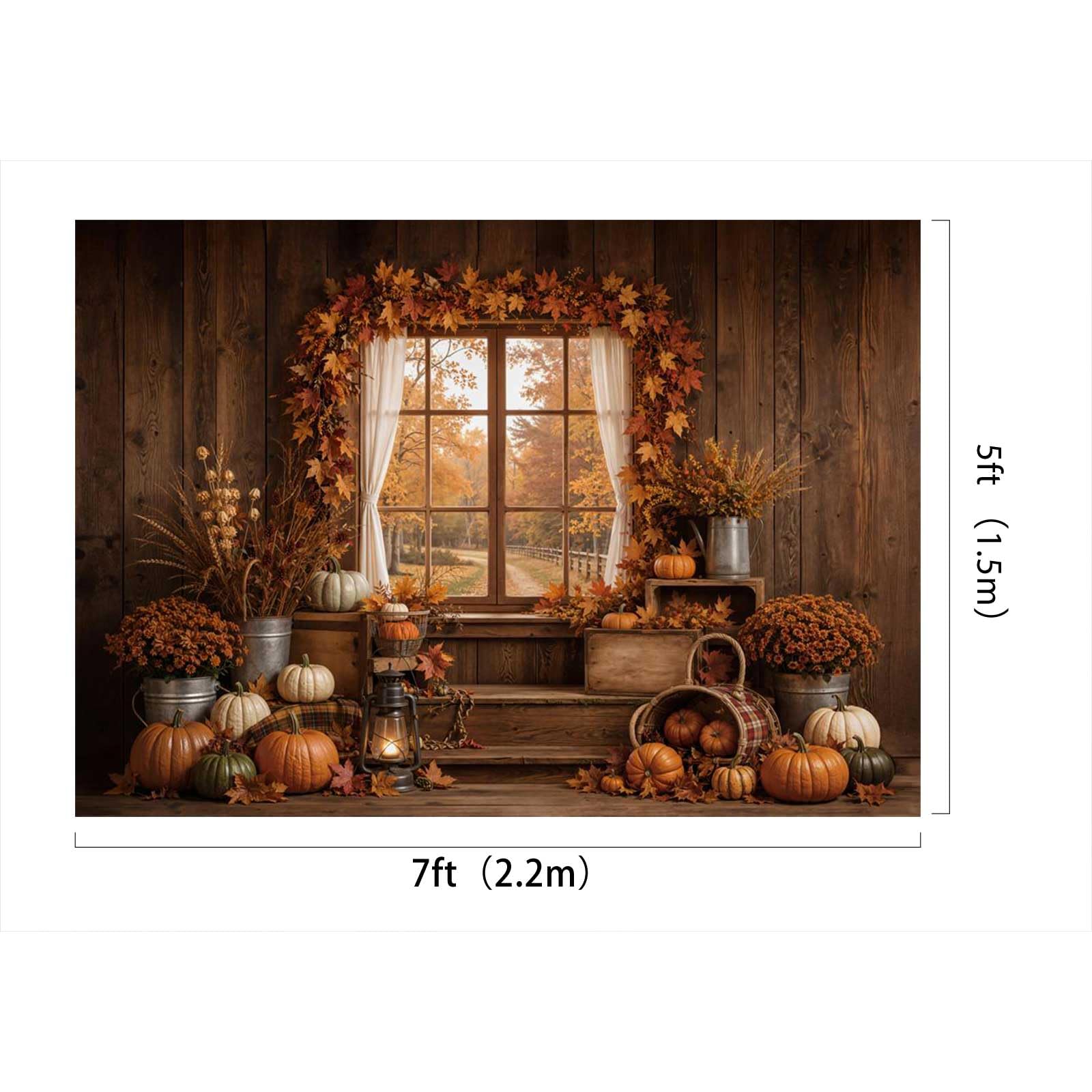 Rustykalne jesienne tło fotograficzne z drewnianym oknem Kate 7 x 5 stóp / 2,2 x 1,5 m drewniana chata z dyniami idealna na rodzinne sesje zdjęciowe baby shower imprezy i portrety