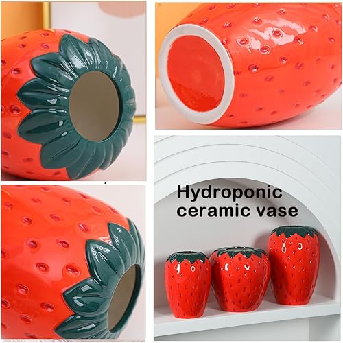 Miniatura 4 de Bonito jarrón decorativo moderno de cerámica, florero de fresa, adecuado para sala de estar, cocina, jardín, oficina, decoración de acento (rojo