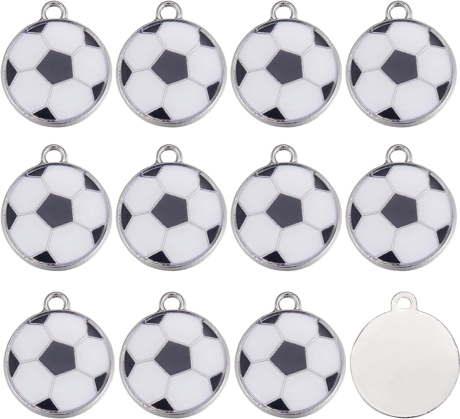 SUNNYCLUE1 Box 30Pcs Sport Charms Enamel Soccer Ball Charms Bulk Black White Flat Round Soccer Ball Sports Charm Silver Tone Charm for jewellery Making Charm DIY Earrings Bracelets Craft Supplies