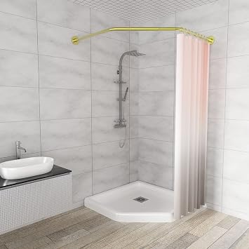 Diamond Shaped Shower Curtain Rod Both Sides 17"-25.6",Middle20"-26 Stretchable True 304 Stainless Bathroom Bathtub Corner Rack Gold
