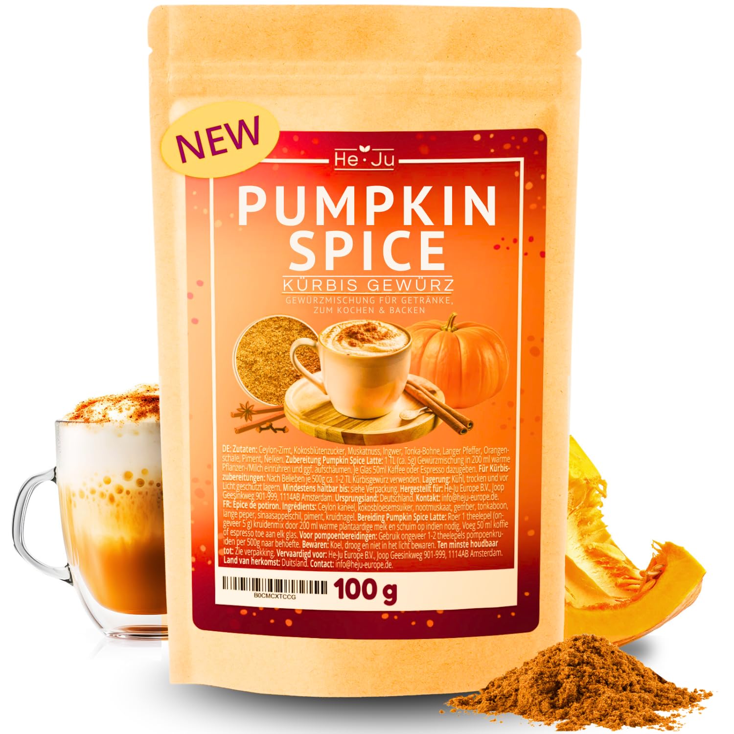 He-Ju Pumpkin Spice Latte Gewürz 100g, Kürbis Gewürzmischung mit Ceylon-Zimt & Kokosblütenzucker. vegan & glutenfrei, für Kaffee, Latte, Pumpkin Pie, Kürbissuppe & Kuchen