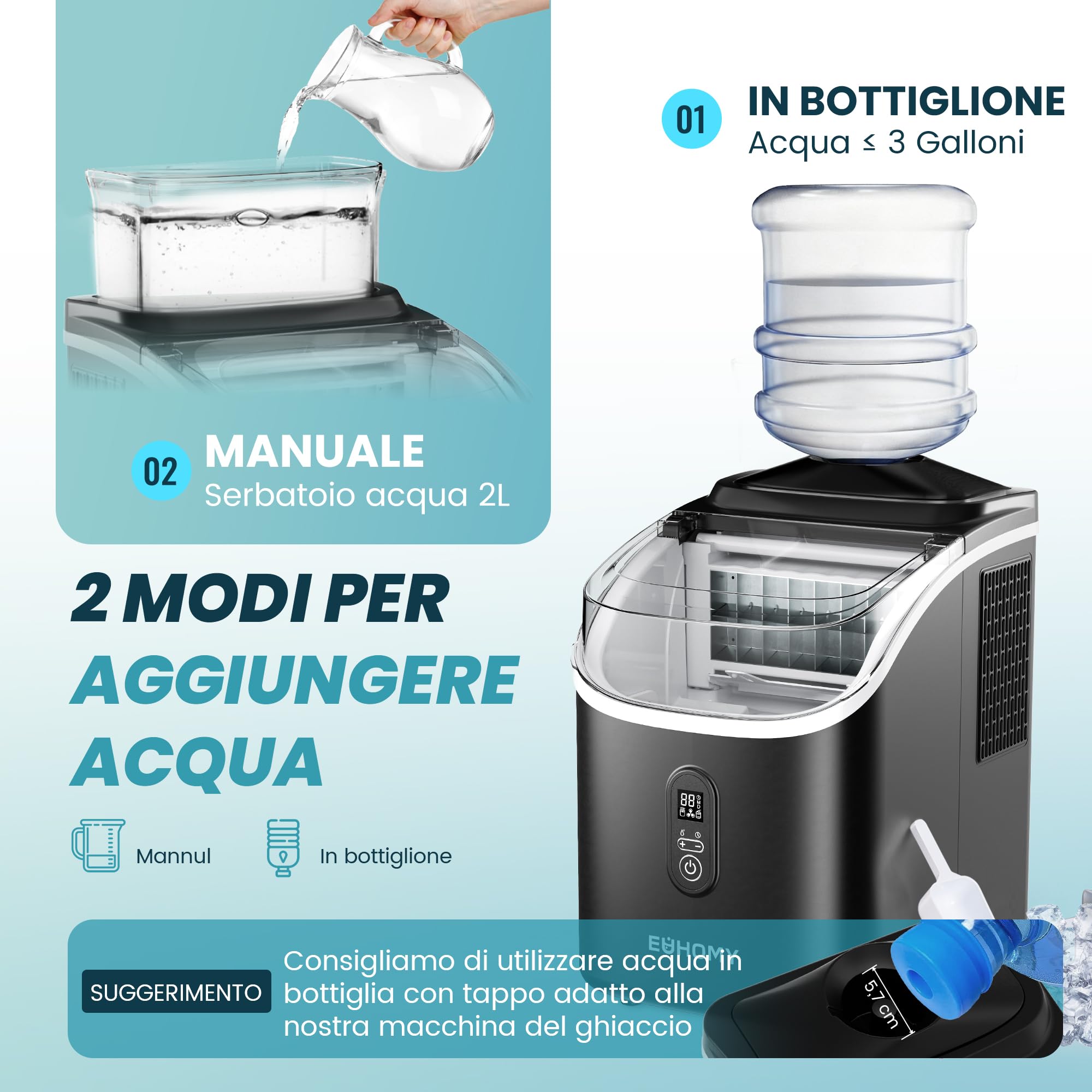 EUHOMY Macchina del Ghiaccio Casa: 15 KG/24H, 16 Cubetti in 13 Minuti Macchina per il Ghiaccio Autopulente, 1,5L con Paletta/Cestello, per Cucina/Ufficio, Nero