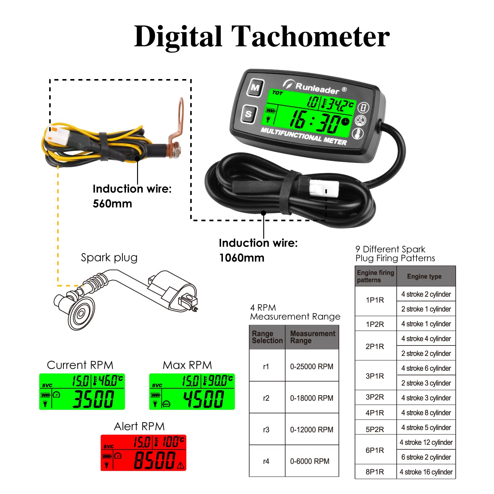 Jauge de température du moteur, compte-tours numérique, horloge, rappel de maintenance, batterie remplaçable avec rétro-éclairage pour petit moteur de tracteur de pelouse (HM035A)