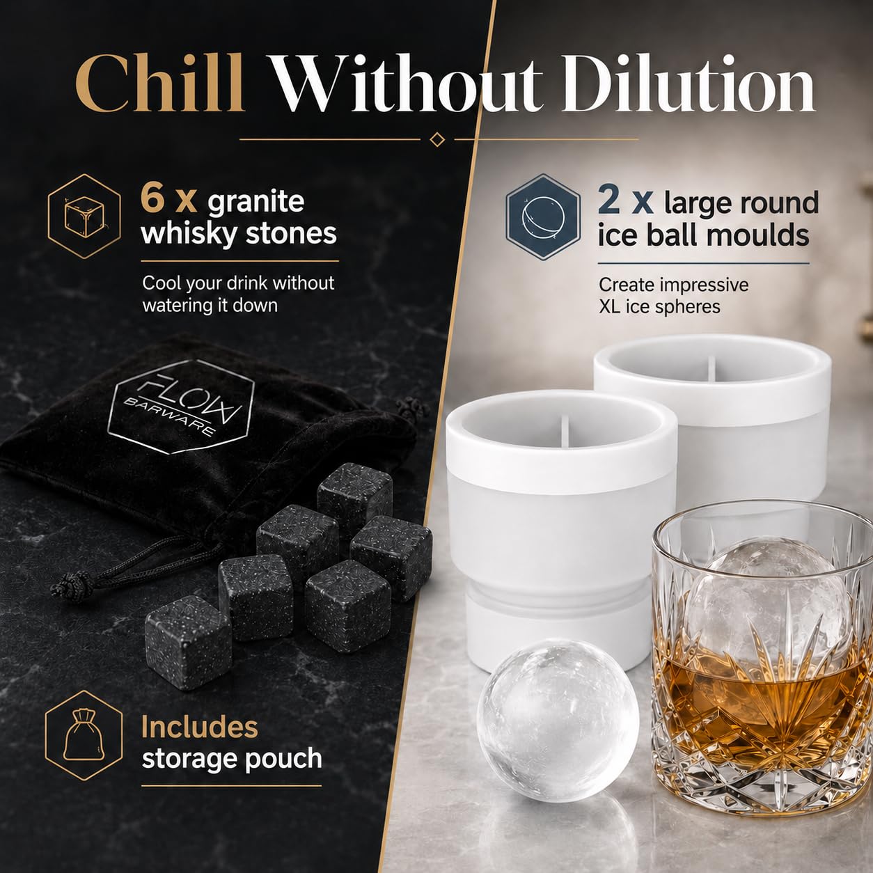 Flow Barware Set de regalo clásico con decantador de whisky y vasos de whisky | Decantador de 750 ml, 2 vasos de whisky, piedras para whisky y caja de madera | Sets de regalo de whisky para hombres