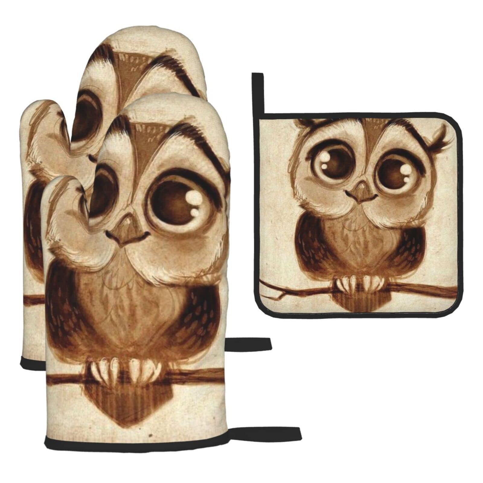 Cute Owl Oven Mitts and Pot Holder Kitchen Set for Grilling, Cooking, Baking, Heat Resistant