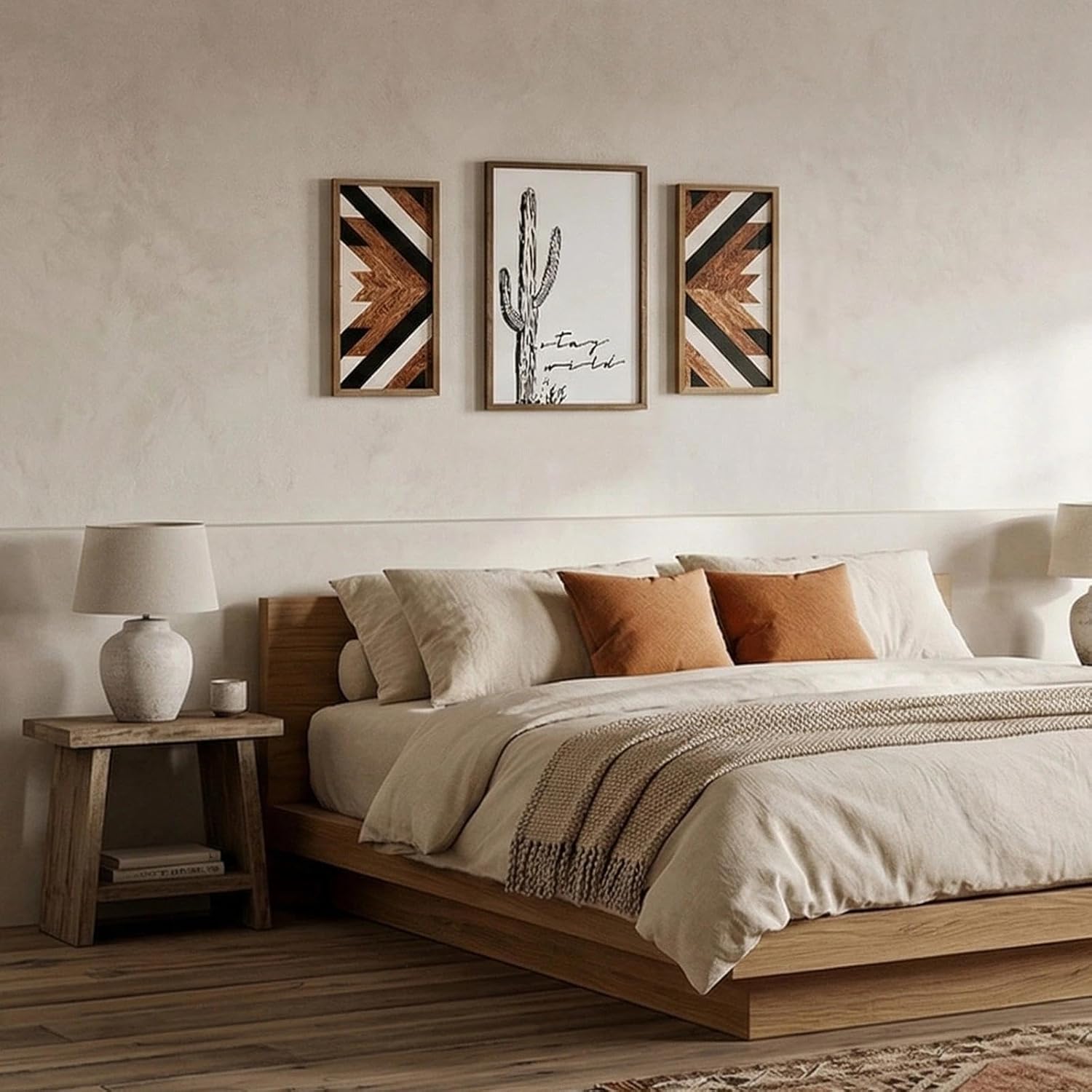 2 Pcs Western Aztec Wall Decor With Wood Framed, 20.9x9.8 Inch Wooden Southwestern Boho Wall Art, Native American Living Room Bedroom Guest Bathroom Rustic Decorations for Home