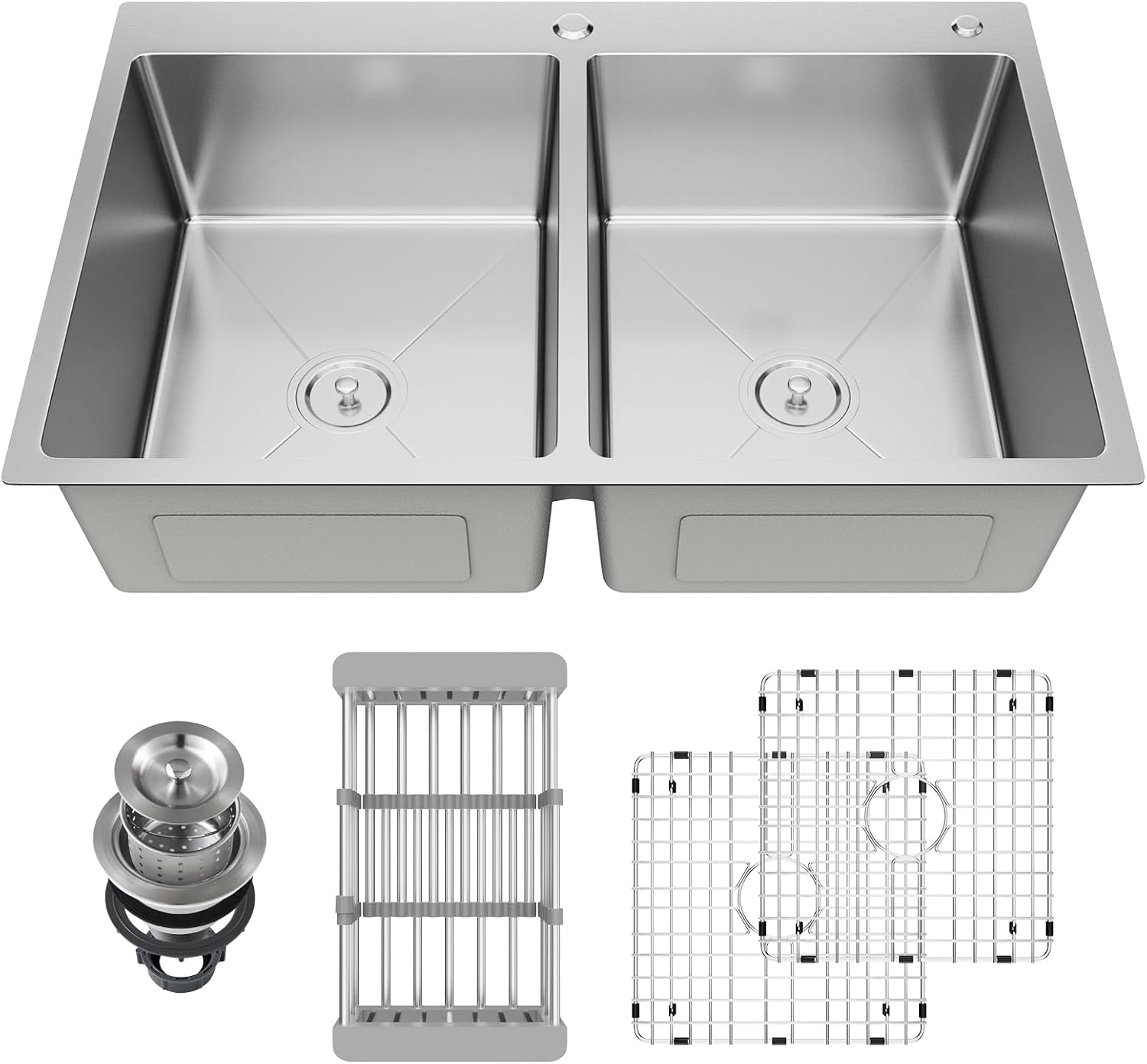 30-inch Black Kitchen Sink, Double Bowl Drop-in/Top-Mount 304 Stainless Steel with Nano Coating, Includes Drain Assembly & Fruit Basket for Modern Kitchen (30.7" x 16.9")