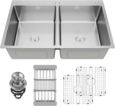 33" x 22" x 9" Drop-In Double Bowl Kitchen Sink, Topmount Stainless Steel with Satin Finish, Soundproofing & Protective Bottom Grid