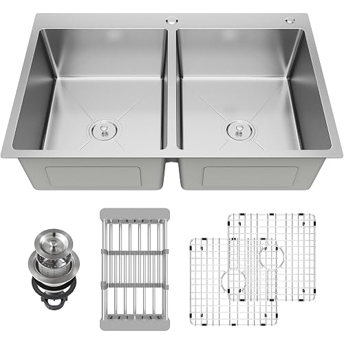 33" x 22" x 9" Drop-In Double Bowl Kitchen Sink, Topmount Stainless Steel with Satin Finish, Soundproofing & Protective Bottom Grid