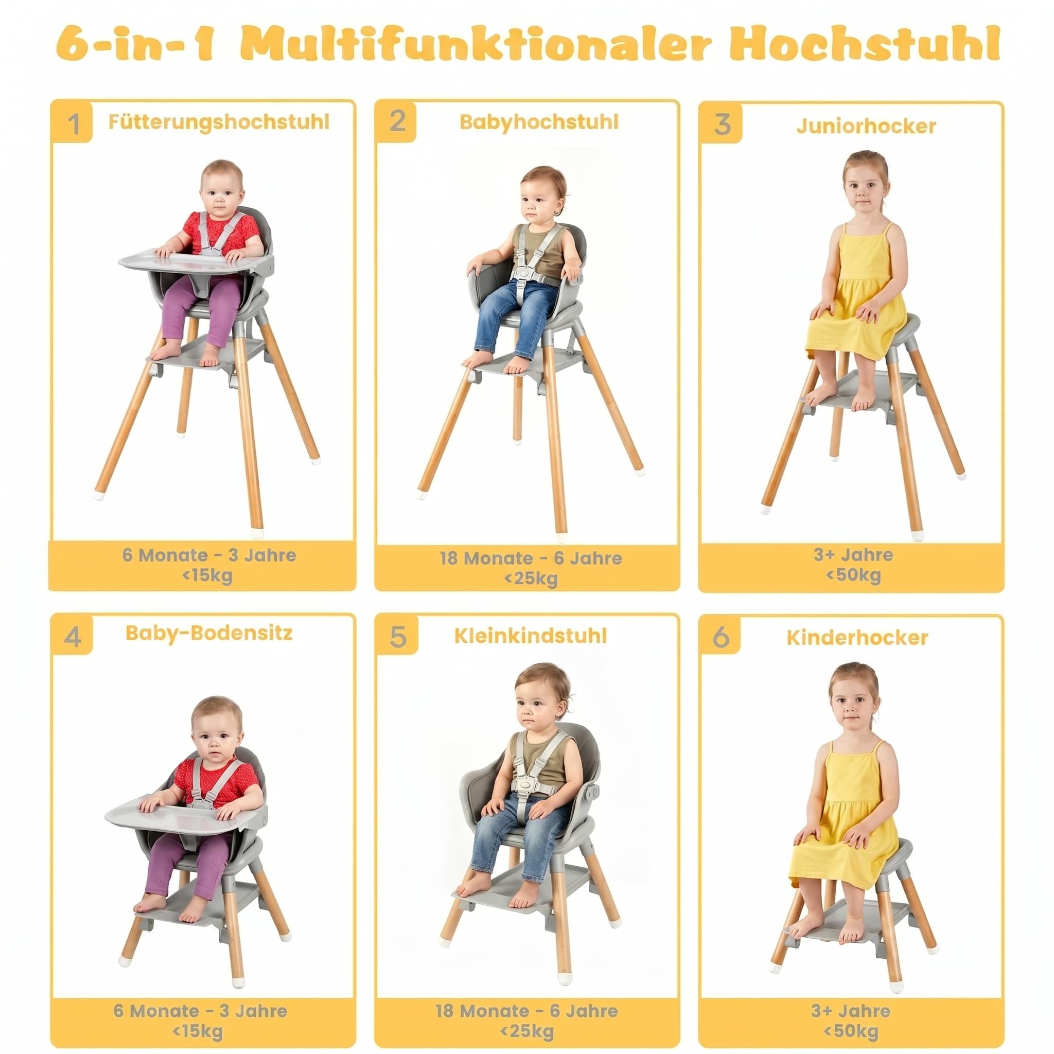 Holz-Hochstuhl 6-in-1 Umwandelbar mit Sicherheitsgurt und Fußstütze | Kinderstuhl & Barhocker, Abnehmbares Ablagebrett, Für Säuglinge & Kleinkinder, Umklappbare Fußstütze, 6 Nutzungsmöglichkeiten