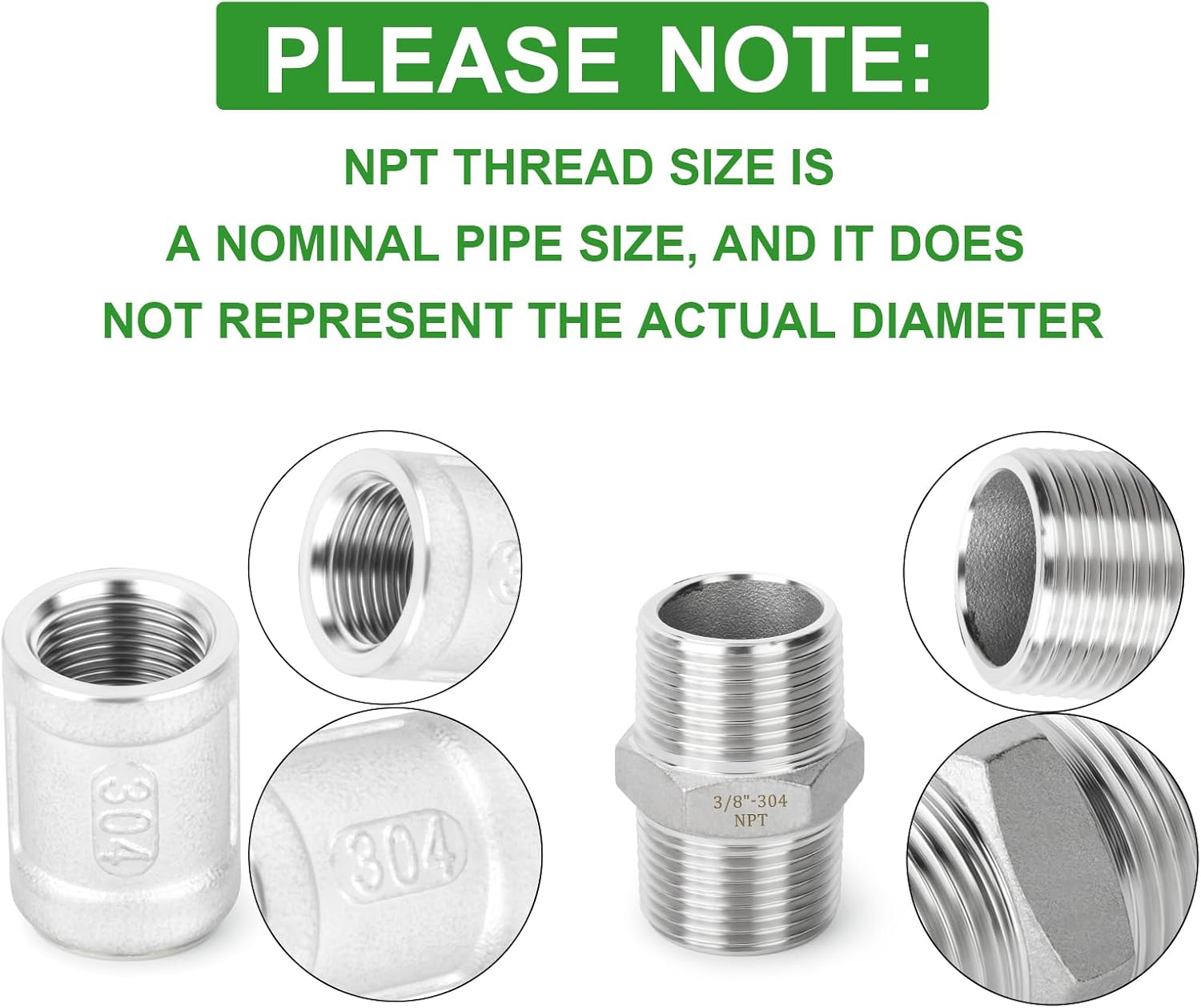 TAISHER 12PCS 304 Stainless Steel Hex Nipple 3/8" MNPT × 3/8" MNPT，Coupling 3/8" FNPT × 3/8" FNPT,Thread Pipe Fitting Kit