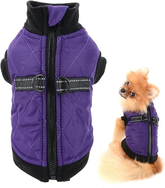 SMALLLEE_LUCKY_STORE Pet Water Resistance Zip-up Jacket Vest Coat with D-rings for Small Dogs Cats, Fleece Lined Puppy Chihuahua Yorkie Warm Winter Clothes, Purple, S