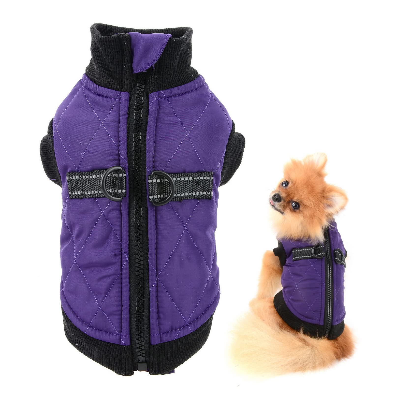SMALLLEE_LUCKY_STORE Pet Water Resistance Zip-up Jacket Vest Coat with D-rings for Small Dogs Cats Fleece Lined Puppy Chihuahua Yorkie Warm Winter Clothes