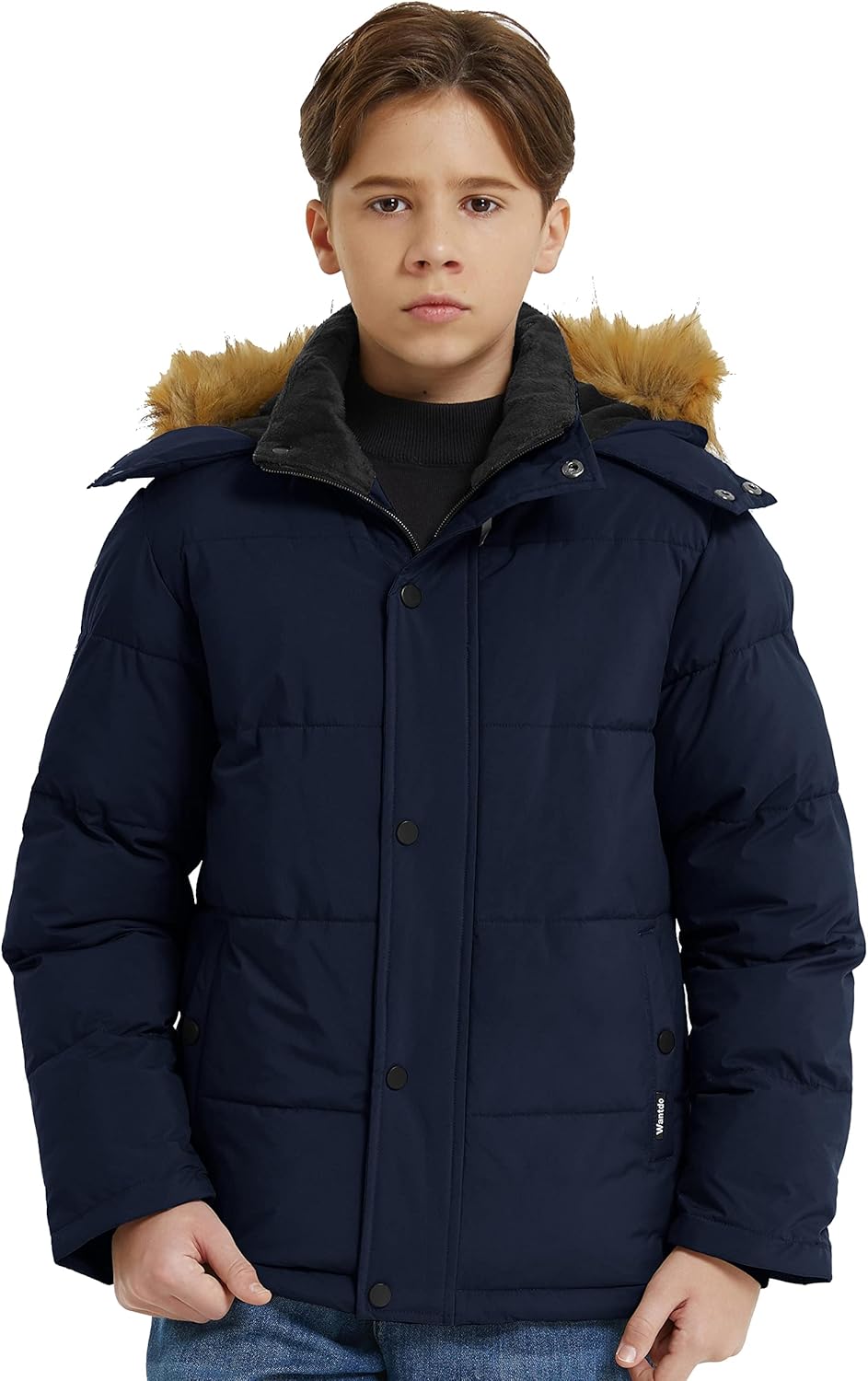 Wantdo Boys' Winter Coat Warm Puffer Coat Waterproof Winter Jacket with Faux Fur Hood - Image 4