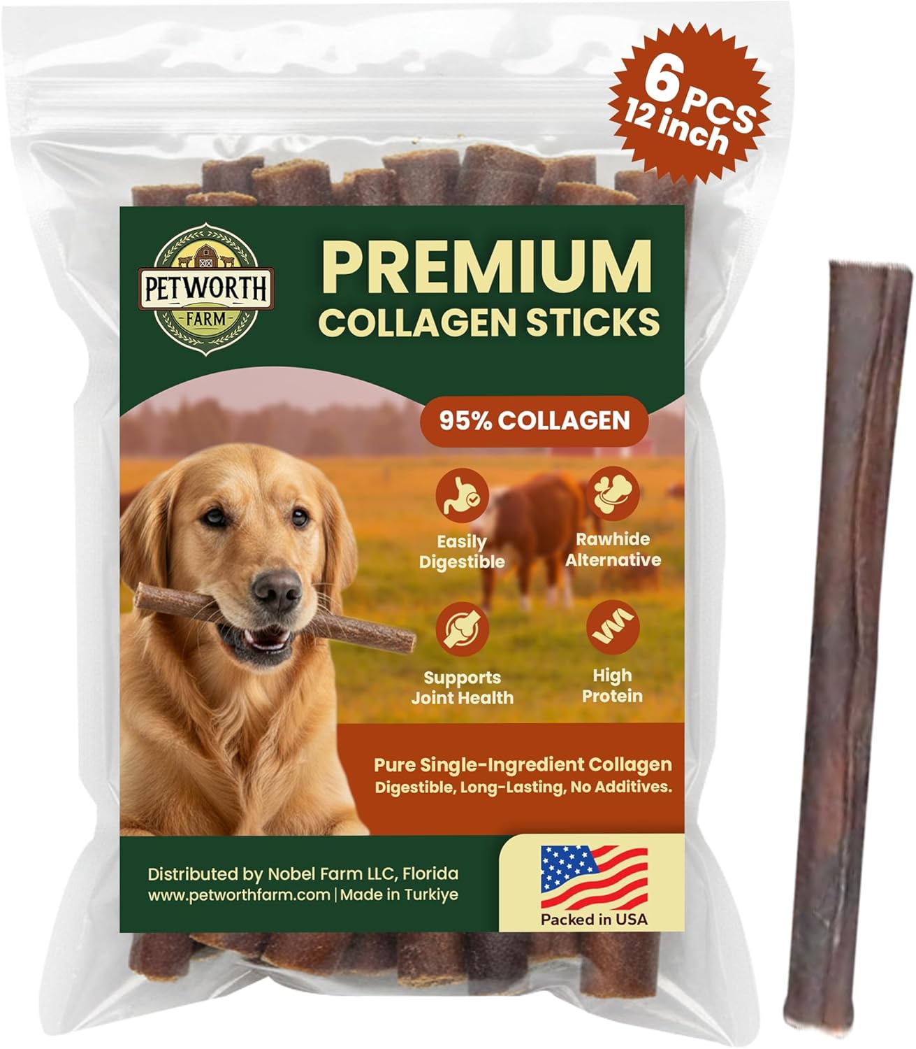 12 Pack 12 Inch Beef Collagen Sticks Chewable for Dogs – Rawhide Alternative Chews, Single Ingredient, Long Lasting Dental Treats, High Protein Natural Dog Chews for Medium to Large Dogs