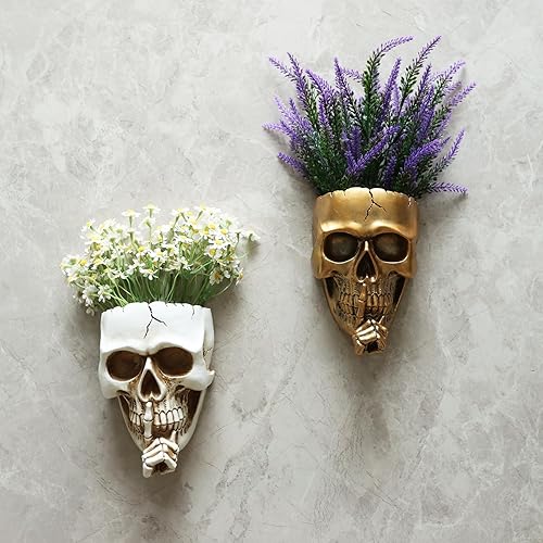 Miniatura 5 de Maceta de pared de calavera para plantas de interior y exterior, jarrón colgante de calavera única, maceta gótica de esqueleto de resina para