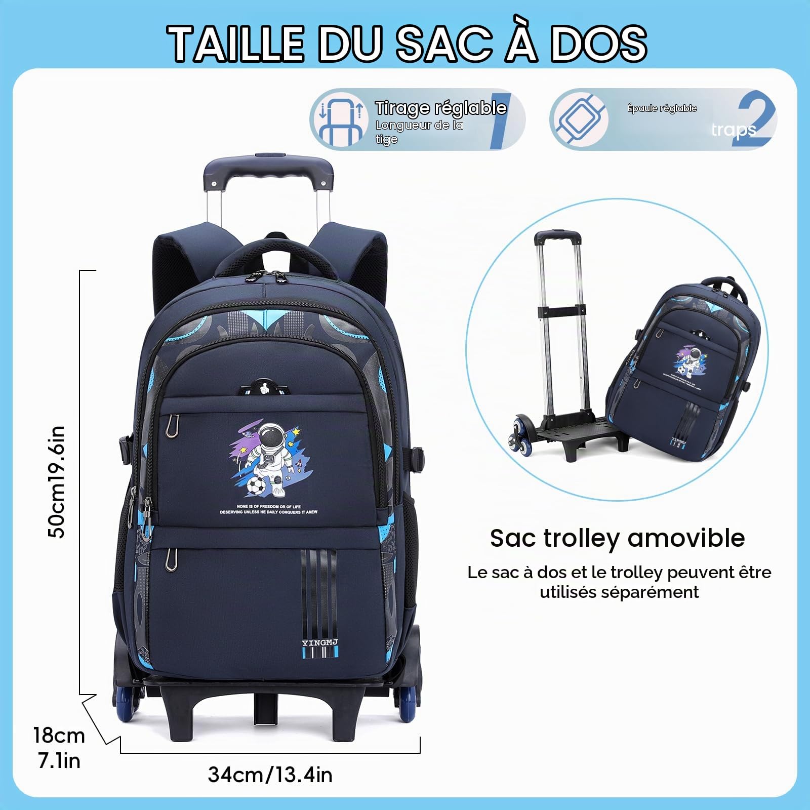 Amythe Sac a Dos à Roulette Garcon, 28 L Cartable Garcon a roulettes, Sac D'école Collège et Primaire pour Enfants 9 à 16 Ans, 6 Roues pour L'école, Voyages et Loisirs, Bleu