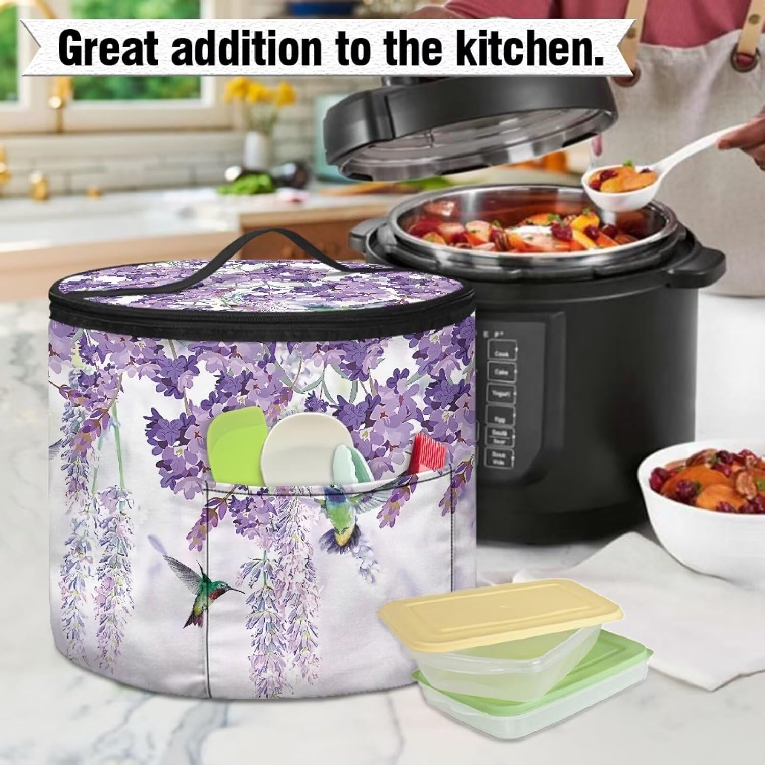 Bird Purple Flower Air Fryer Cover Dust Cover Kitchen Appliance Dust Cover Washable Dust Cover Carry Bag for 6 Quart Pressure Cooker Air Fryer Rice Cooker Slow Cooker Storage Bag