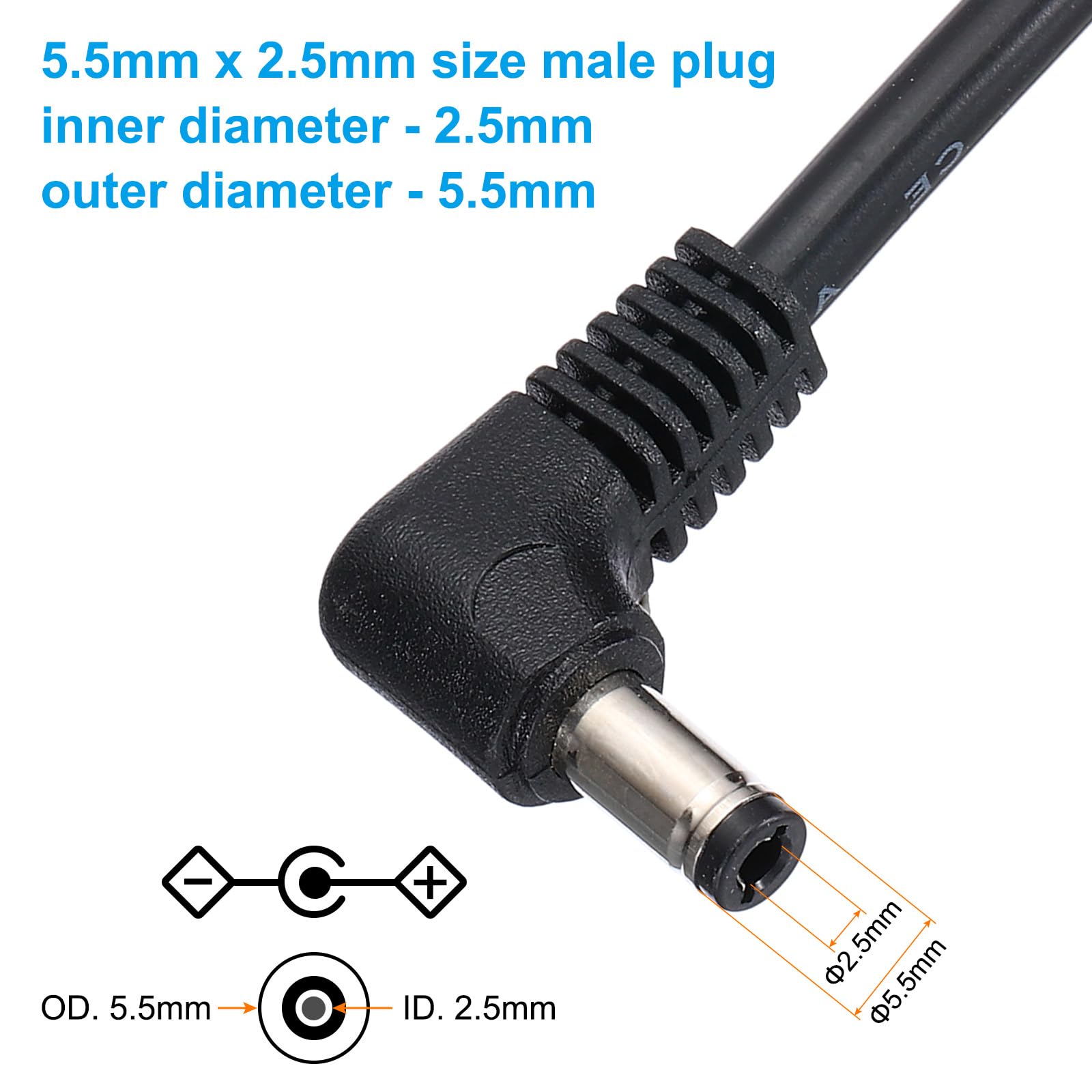 PATIKIL 10 stóp 5,5 mm x 2,5 mm męski na męski kabel zasilający DC, 18AWG adapter do przewodu 90 stopni Kabel przedłużający kątowy do taśm LED, kamery monitorującej DVR.