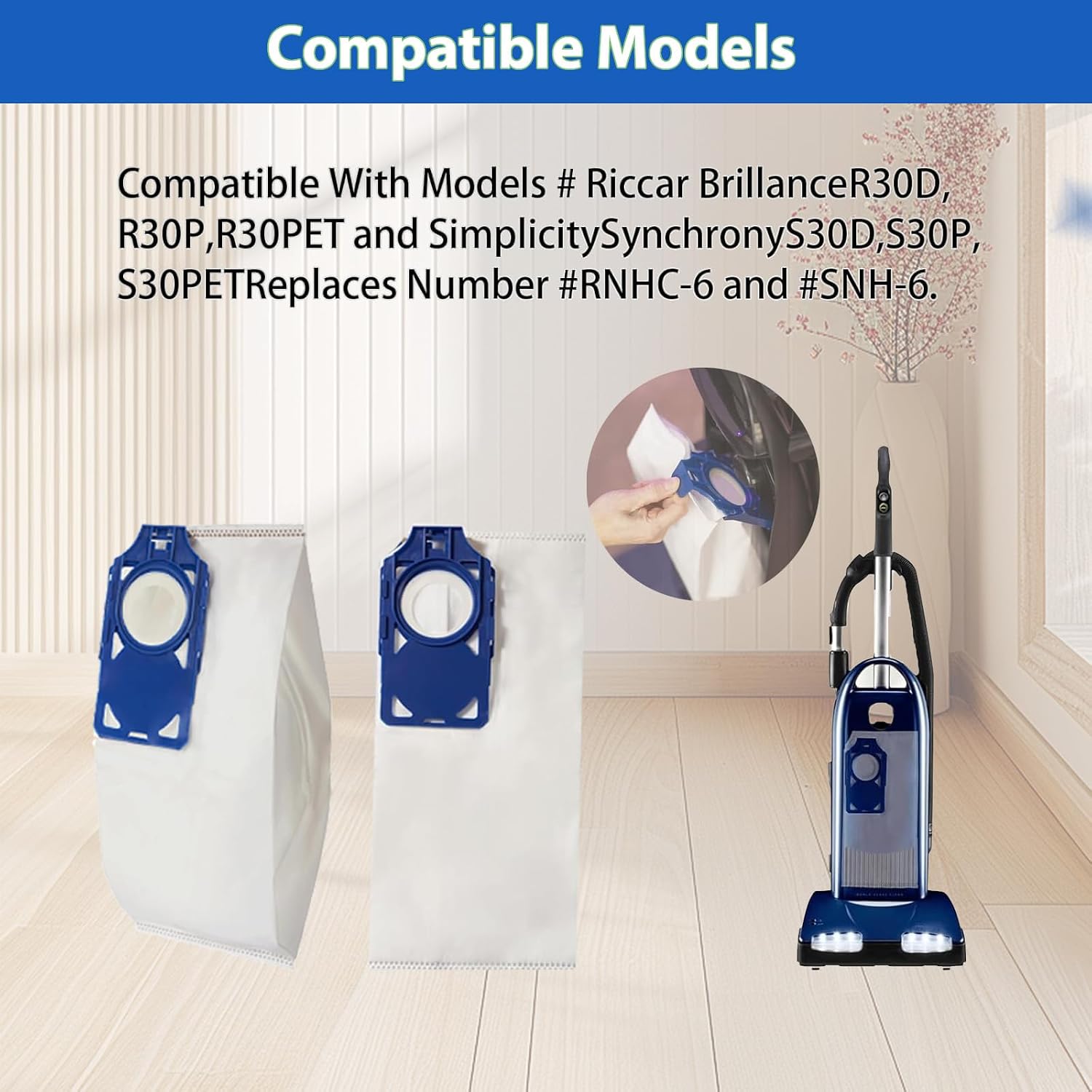 12 Pack HEPA Replacement Vacuum Bags compatible with Riccar Brilliance R30D, R30P, R30PET & Simplicity Synchrony S30D, S30P, S30PET, Part RNHC-6/SNH-6