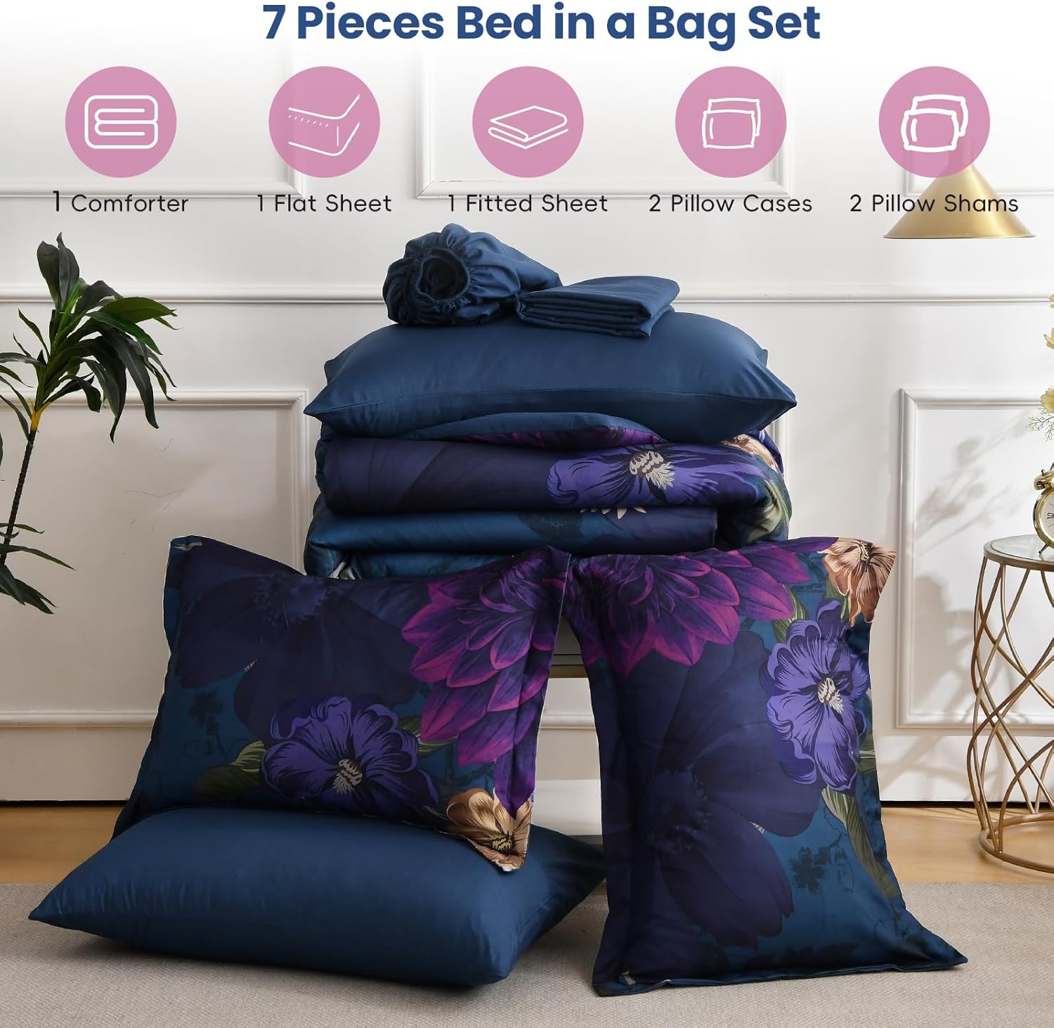 WONGS BEDDING Blue Comforter Set Queen Size Floral, 7 Pieces Bed in a Bag Set, Navy Blue and Pink Flower Bedding Set, Soft Microfiber for All Season with Pillowcases & Shams,Sheets(90"×90")