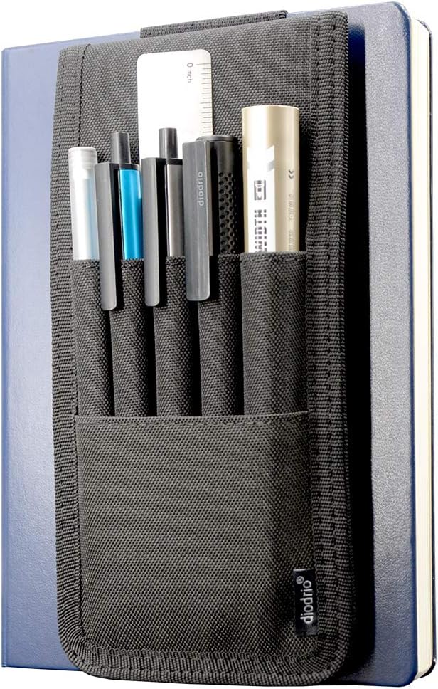 diodrio Pen Holder, Pencil Holder, Pen Sleeve Case for Hard Cover Journals, Notebooks, Books, Binders, Hold Multi Pens Pencils Rulers Durable Fabrics, Detachable, Elastic Band. Black.