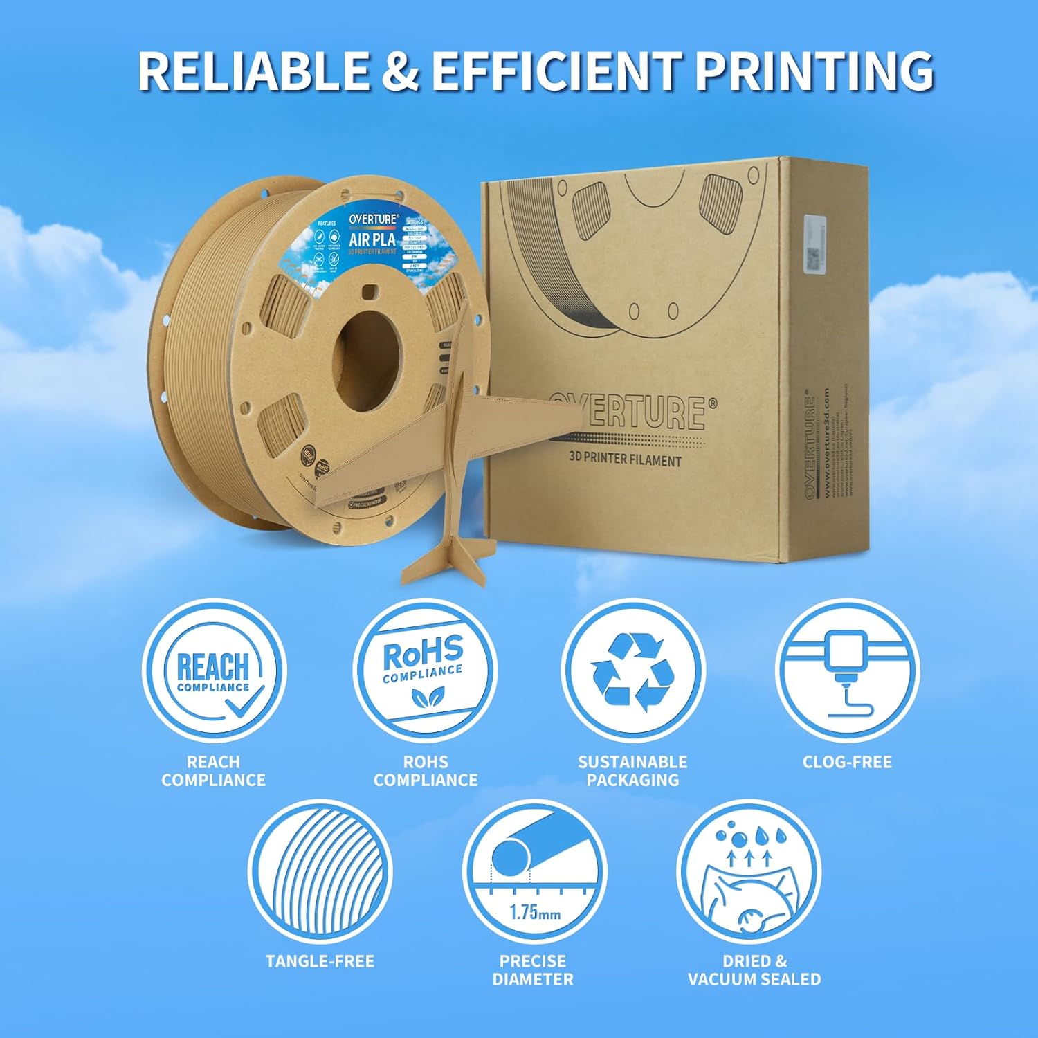 OVERTURE Air PLA Filament, Pre-Foamed PLA Low-Density, Lightweight PLA, Cardboard Spool, 0.82kg(1.8lbs), Dimensional Accuracy +/- 0.02mm (Air Wood)