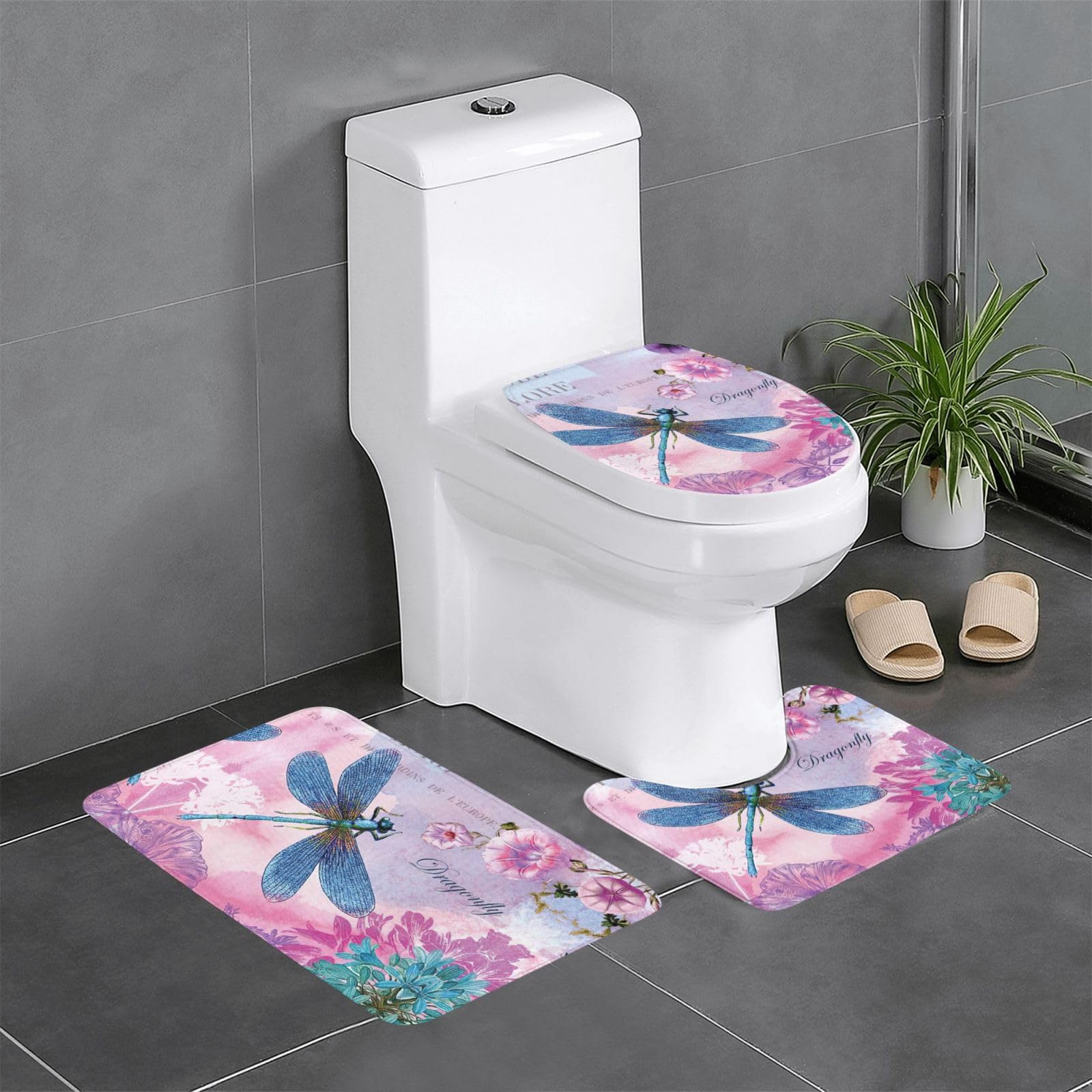 Lot de 3 tapis de bain lavables absorbants avec motif fleurs roses pour sol de salle de bain