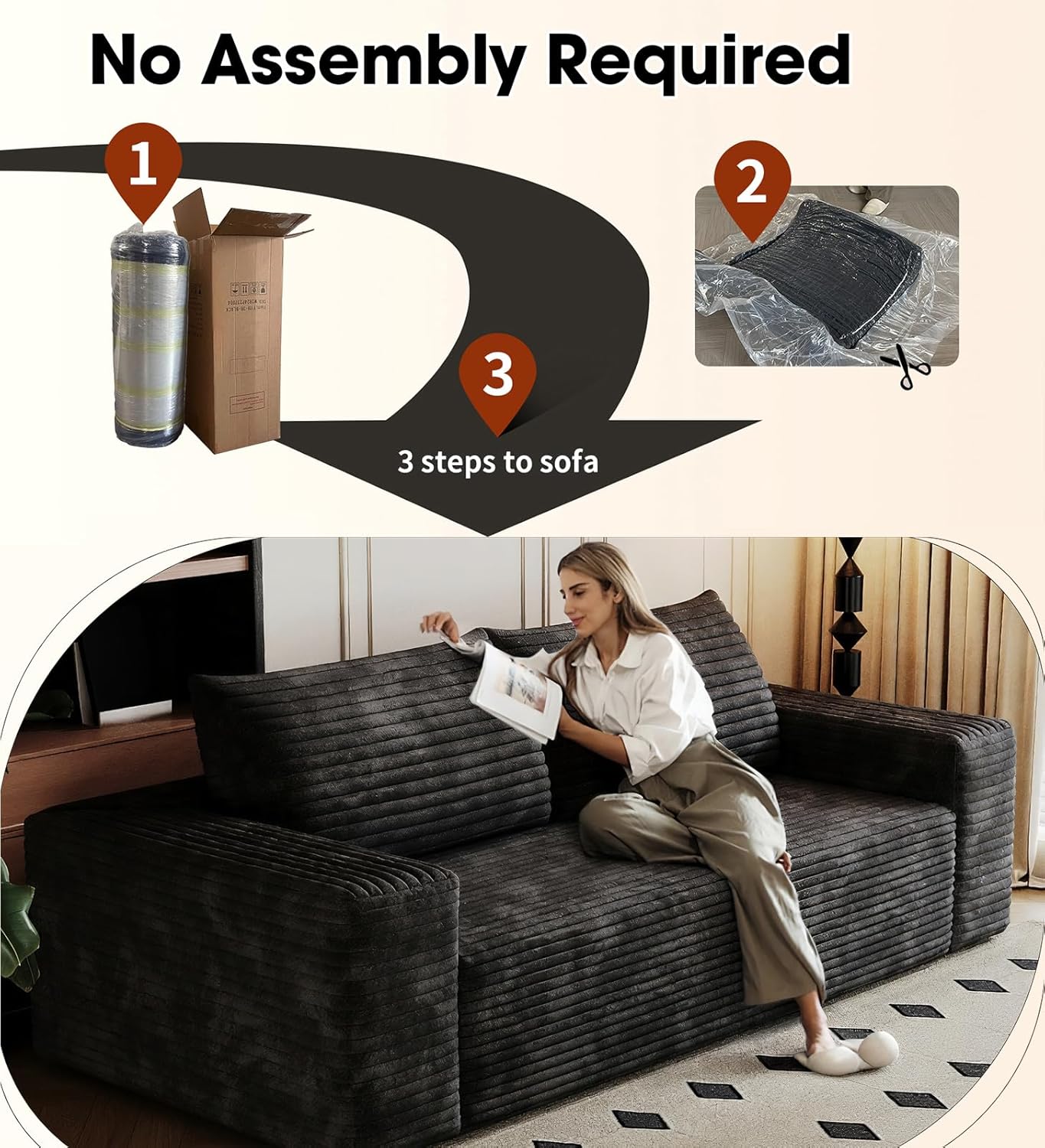 71" Loveseat Sofa, Boneless Corduroy Modular Couch, No Assembly Required Cloud Sofa with Deep Seat Memory Foam for Small Spaces, Comfy Couch for Apartment Living Room and Office (Black)