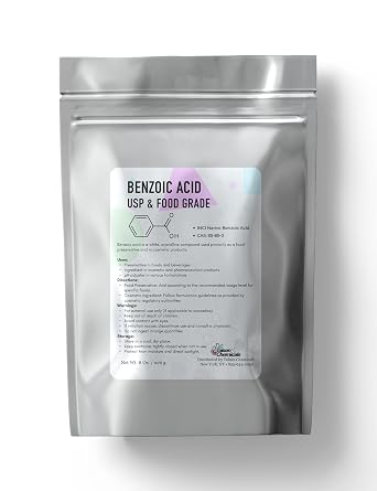 Benzoic Acid Powder USP Grade 8 oz / 226 g - 99% Pure for Preservative for Formulation, pH Regulation - Premium Quality Cosmetic Formulations and DIY Personal Care Formulations by Talsen Chemicals