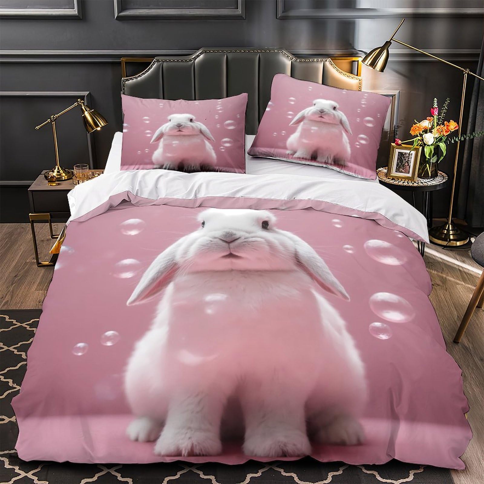 Parure de lit 3D imprimée lapin mignon housse couette microfibre double pastel floral confort