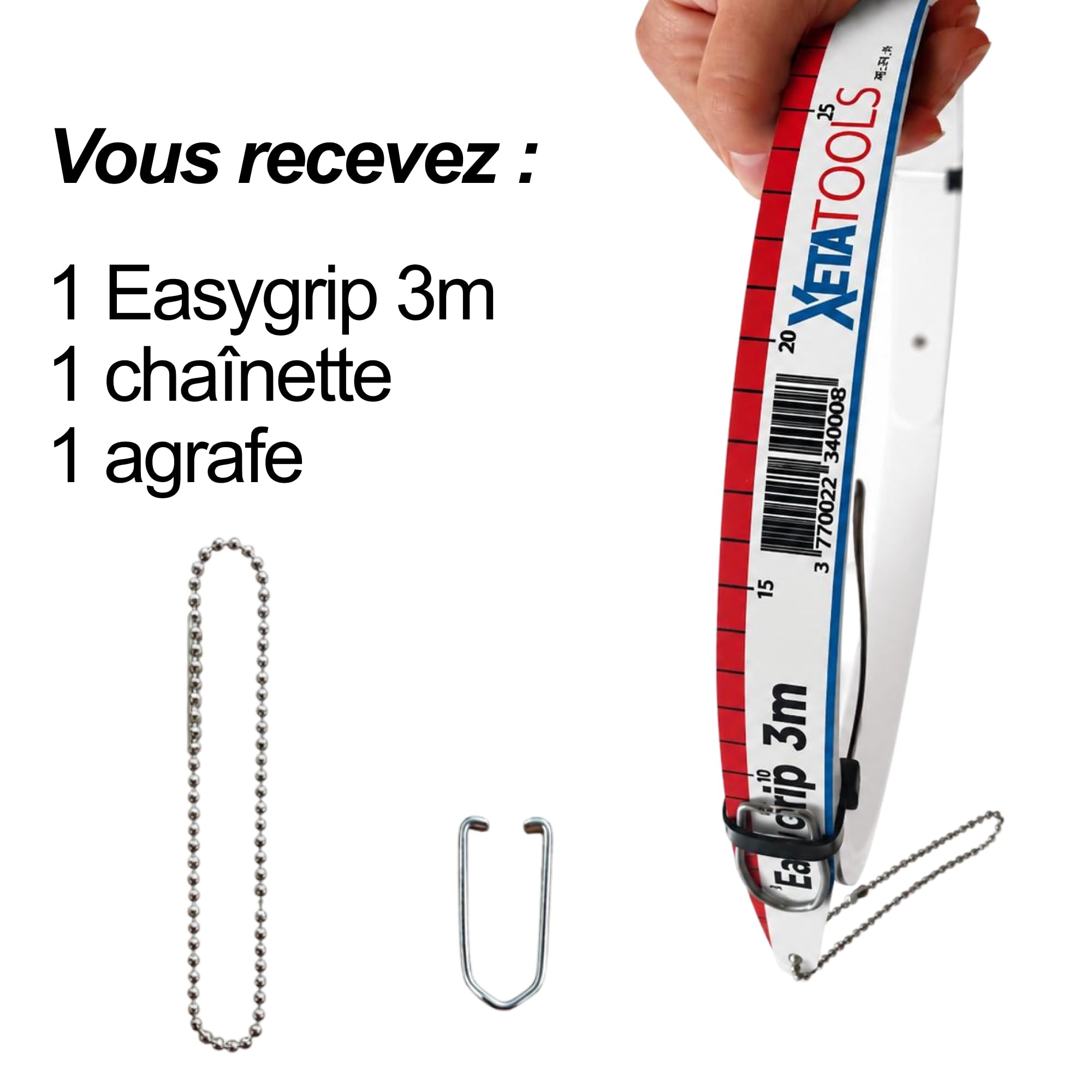 EASY-GRIP - Aiguille Électricien 3m – Passe Câble Mural avec Chaînette, Agrafe – Tire Fil Électrique Flexible et Gradué pour Cloisons, Faux Plafonds et Combles - Breveté et Made in France