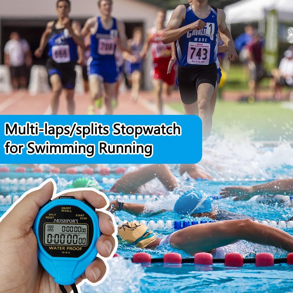 Waterproof Stopwatch Timer 30 Laps/Splits Only Stopwatch Mode, ON/Off Silent Memory Recall Large Display Simple Operation, Digital Stop Watch for Sports Coaches, Blue