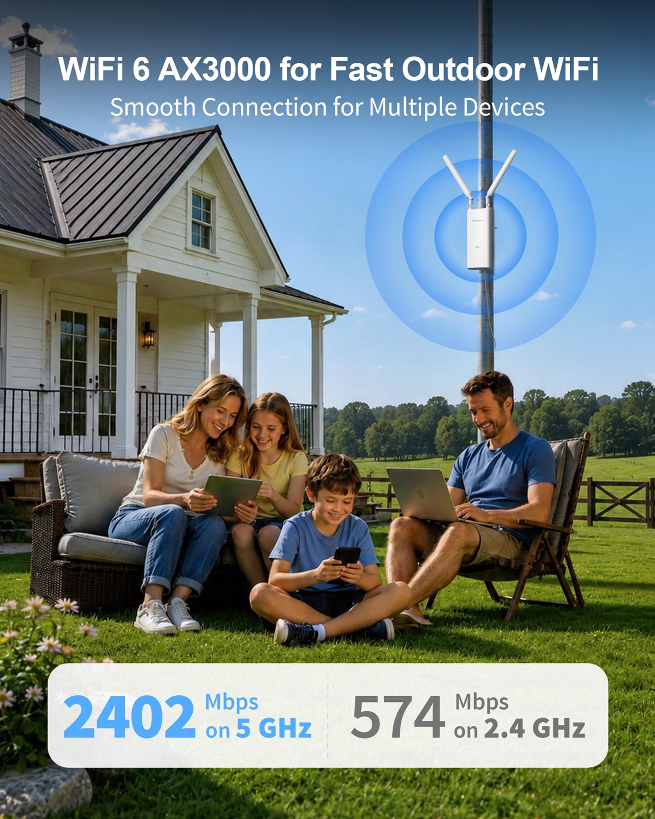 BrosTrend AX3000 Extender WiFi 6 Esterno, Dual Band Fino a 128 Dispositivi | 5GHz 2402Mbps+2.4GHz 574Mbps, Ripetitore WiFi Esterno Lunga Distanza Supporta PoE Passivo, IP65 Outdoor, Antenne 2x5dBi, WPA3