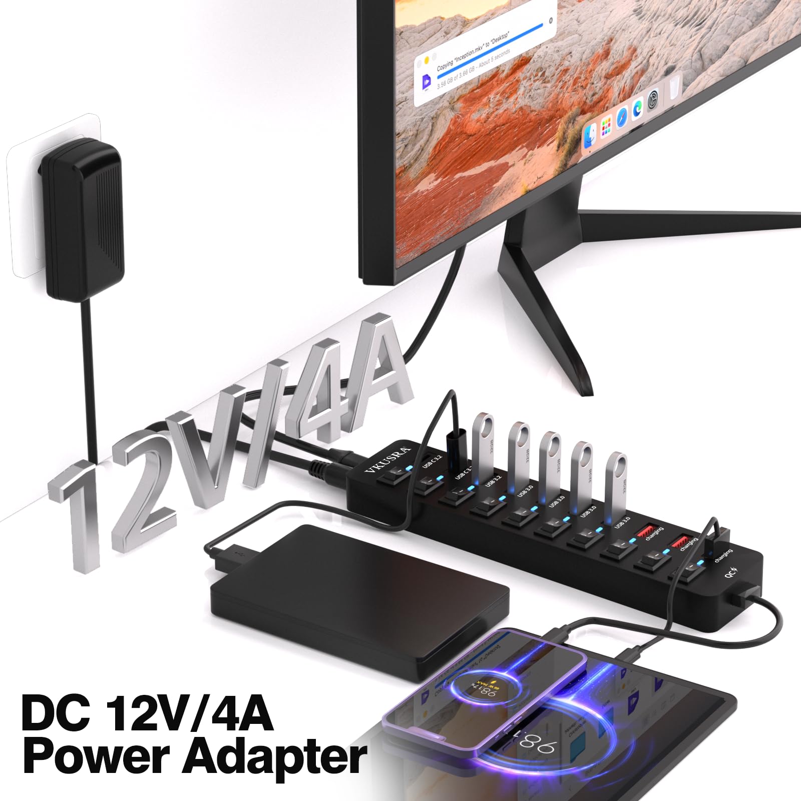 Hub USB 3.2 avec 11 Ports à 10 Gbps - A/C, 4 Ports de Charge Rapide 3.0 - Câble 2-en-1 120 cm et Adaptateur Secteur 48W