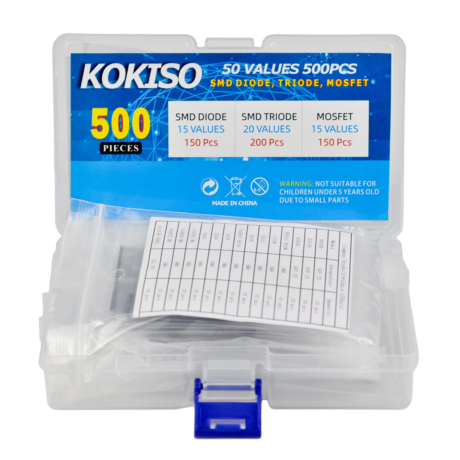 50 Values 500 Pcs Sample Box [15 Values 150 Pcs SMD diode,20 Values 200 Pcs SMD Transistor, 15 Values 150 Pcs SMD MOS] SMD Chip Transistor Assortment Kit