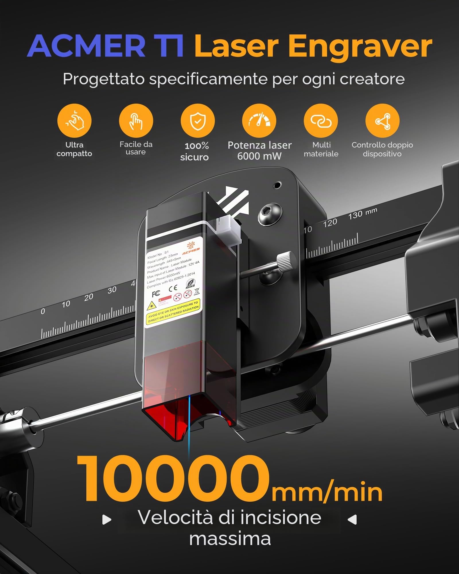 ACMER T1 - Macchina per incisione laser da 6 W, mini taglierina laser portatile, 0,01 mm, incisione laser ad alta precisione, area di lavoro 130 x 130 mm, incisione per legno, pelle, vetro, metallo e