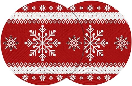 Paquete de 2 manteles individuales redondos trenzados, telón de fondo rojo con copos de nieve blancos de 15 pulgadas, lavables, resistentes al