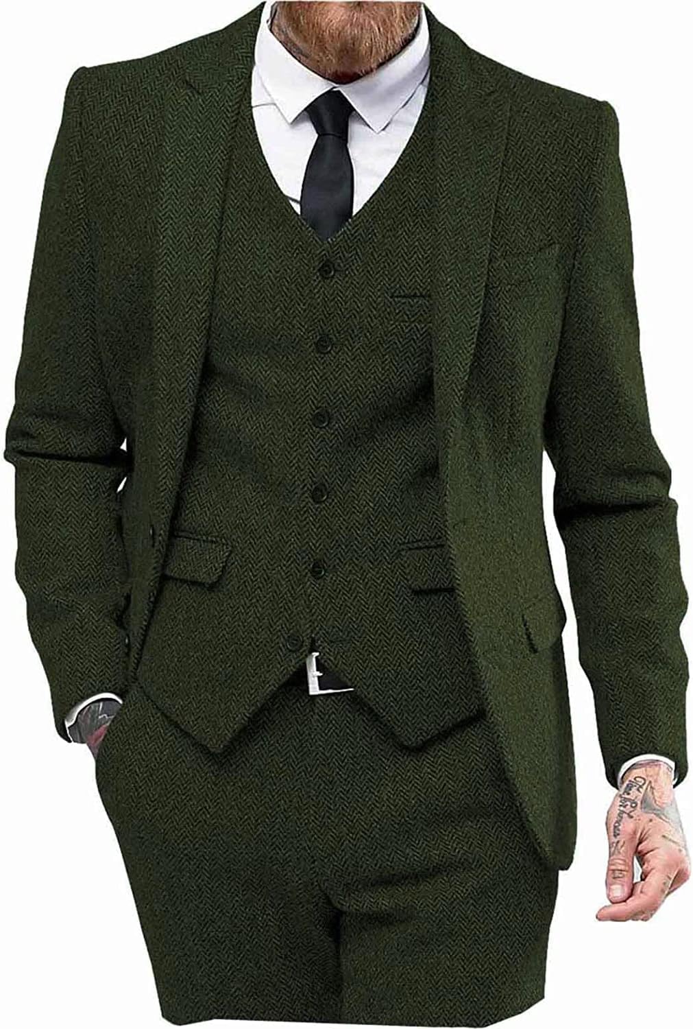 Riolio Mens Tweed Wool Herringbone Wedding Suit Prom Tuxedos 3pcs Peak Lapel Dress main image 0