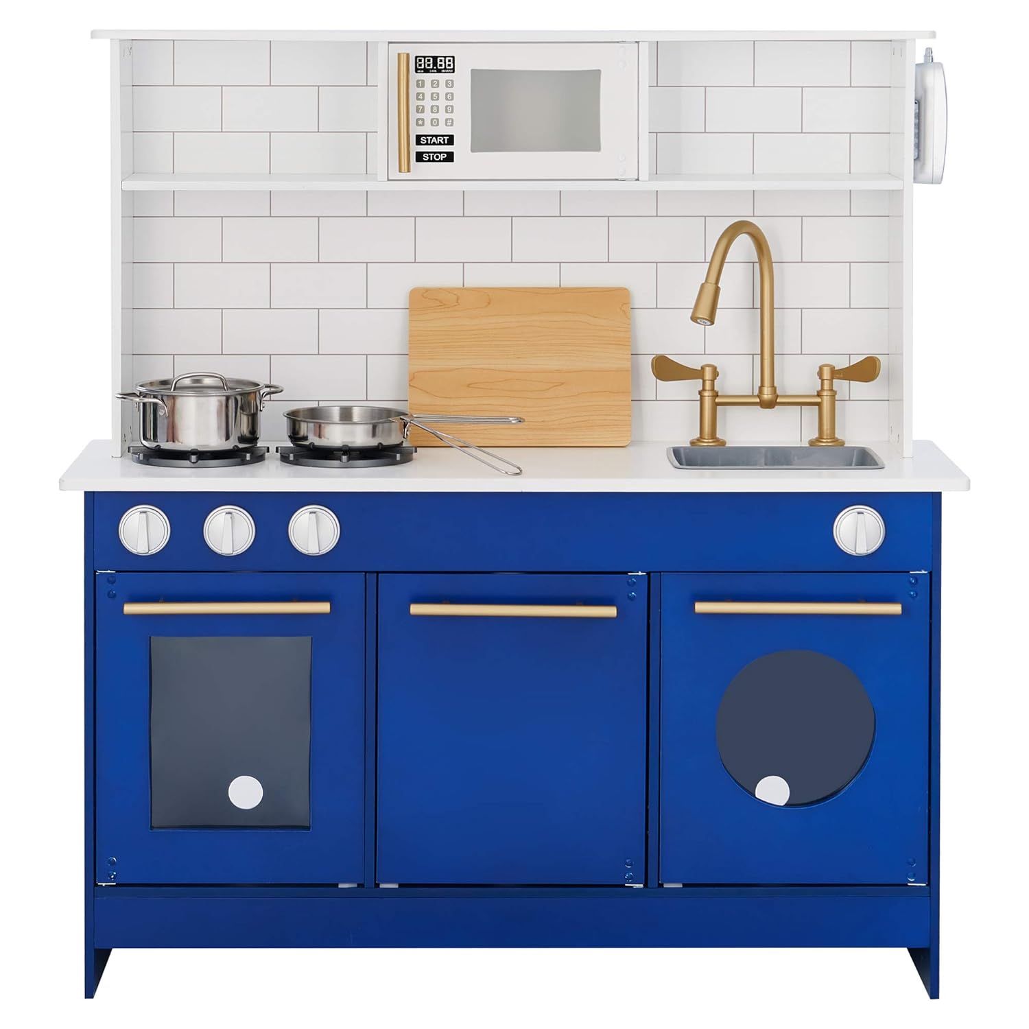 Teamson Kids Little Chef Berlin Kids Play Kitchen with 6 Kitchen Accessories, Wooden Play Kitchen Set for Toddlers with Subway Tile Backsplash, Gold Hardware, & Storage Shelves, Blue/White