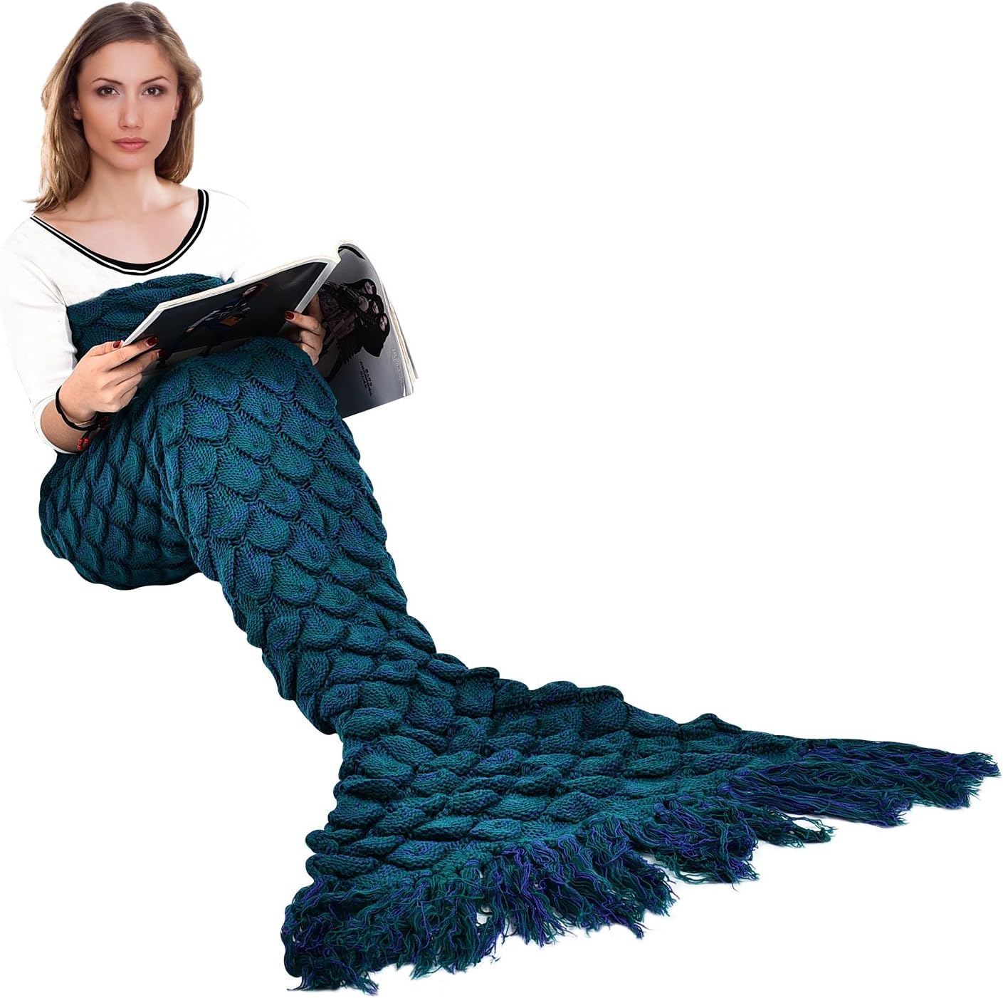 Wearable Mermaid Tail Blanket, Fish-Scales Pattern with Tassel, All Seasons Warm Knitted Bed Blanket Sofa Quilt Living Room Sleeping Bag for Adults, 70.9" x 35.5" (180 x 90cm), Dark Green