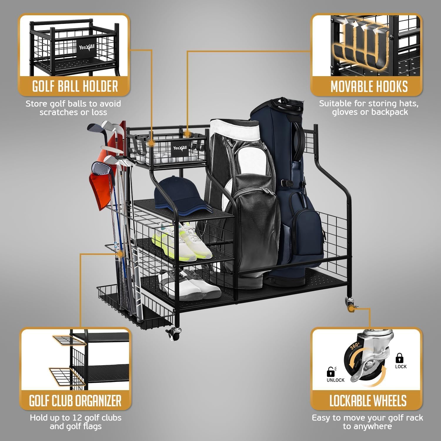 Yes4All Golf Storage Garage Organizer, Golf Bag Storage Stand and Other Golfing Equipment Rack, Extra Storage Rack for Golf Clubs,Black