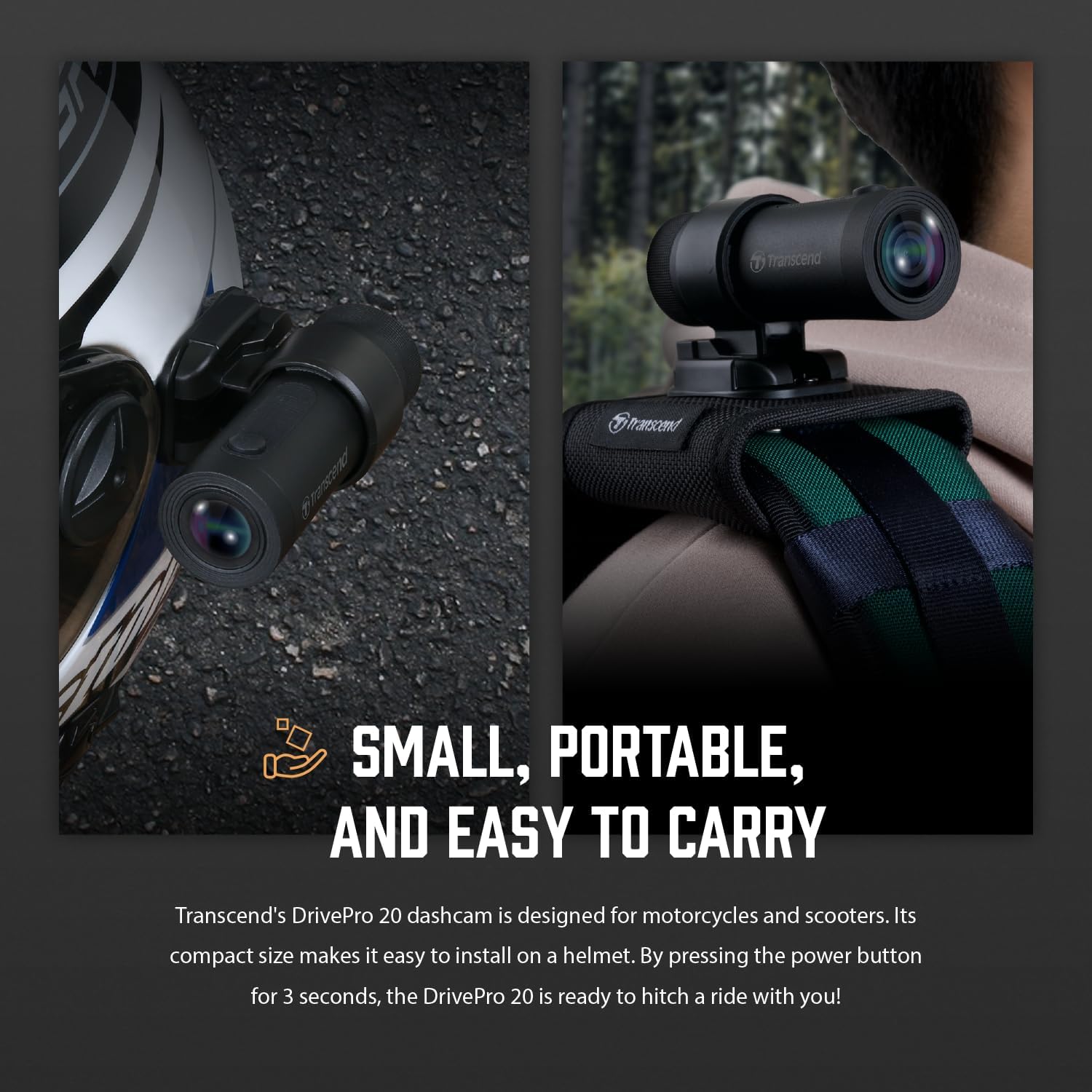 Transcend 32GB, 2K 1440p Motorcycle Dash Cam, 140 Wide-Angle, Built-in WiFi,G-Sensor, Night Vision, IP68, Emergency Recording, for Bikes, Motorcycles - TS-DP20A-32G