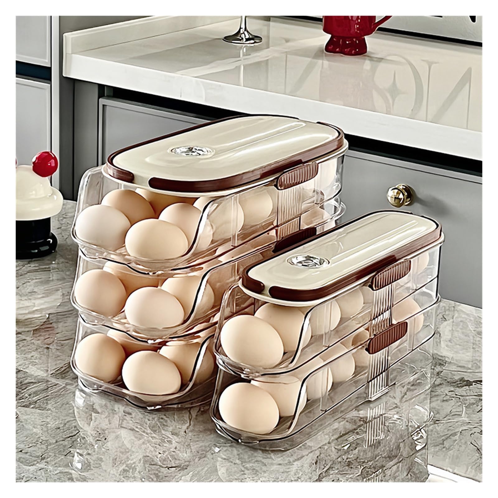 Boîte de rangement automatique pour œufs à roulettes pour congélateur, organiseur à main et porte latérale, porte-œufs avec tracker de fraîcheur (16-24 œufs) (M, 3 animaux)