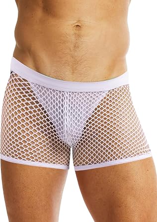 MIZOK Mens Sexy Sheer Fishnet Boxer Briefs Mesh See Through Pouch Boxer Underwear
