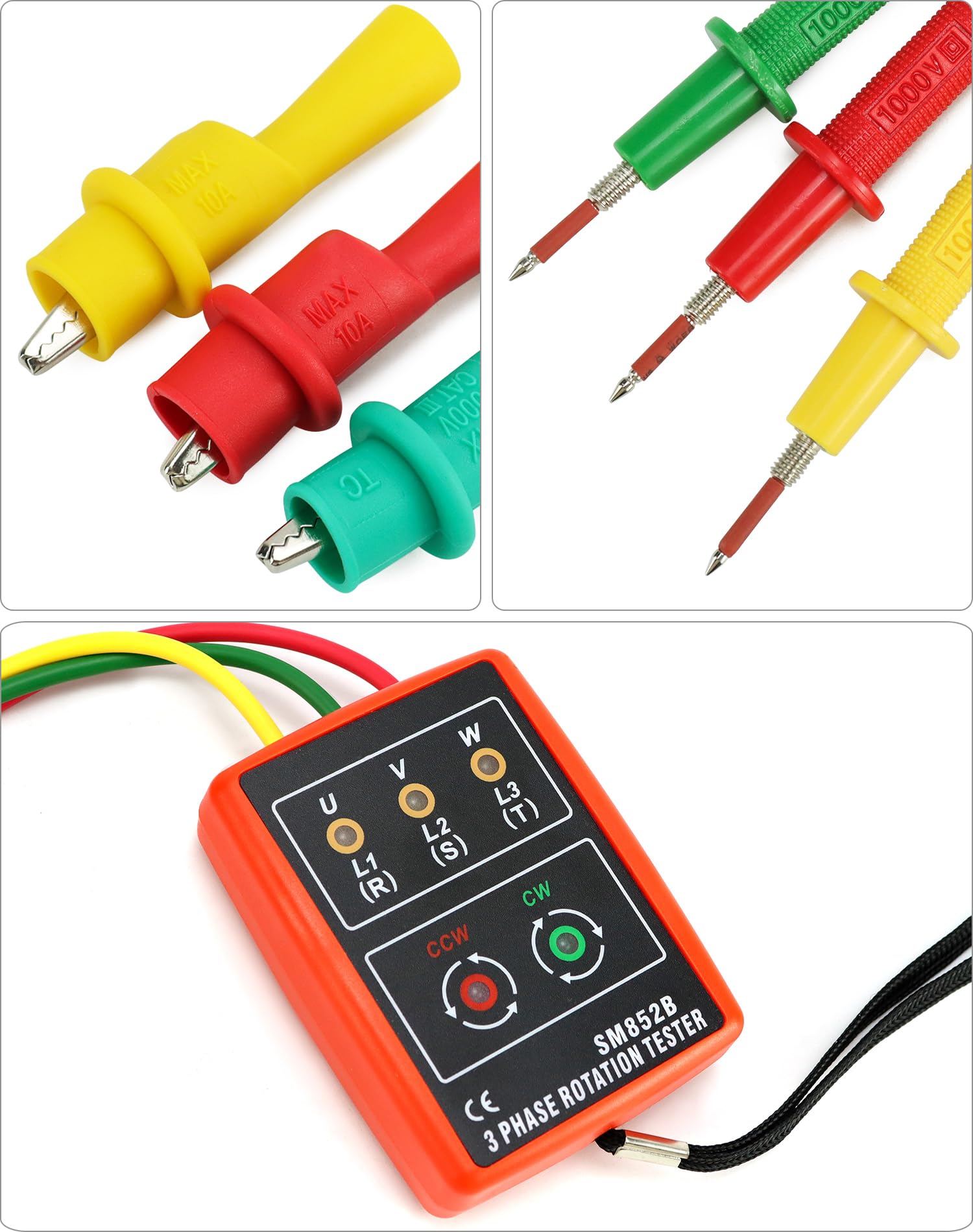 QWORK® Probador de fase, dispositivo de medición de campo giratorio para 3 fases, 60 V ~ 600 V CA, 20-400 Hz, con probador de zumbador y pinzas de cocodrilo