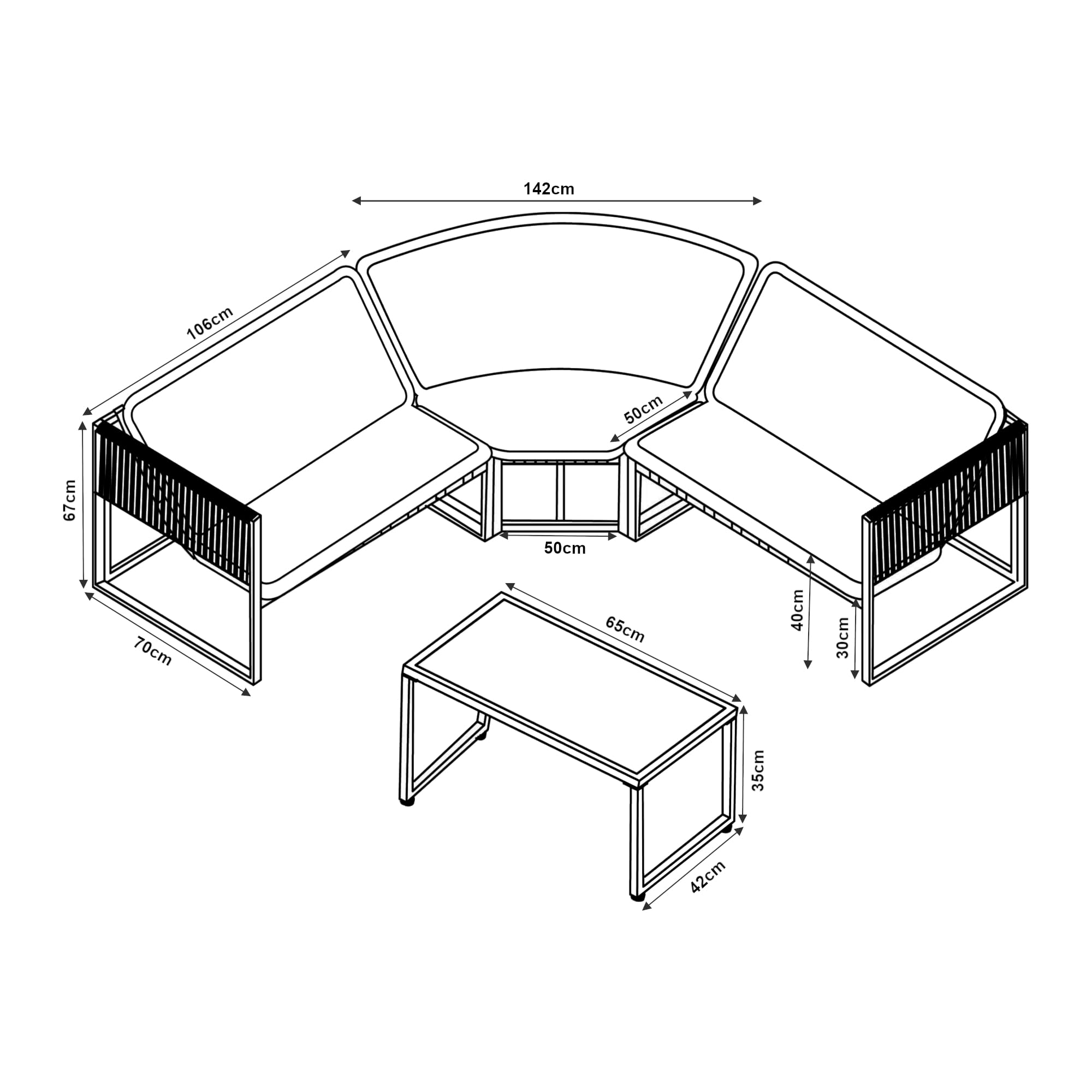 casa.pro Gartenmöbel Set Karg Balkonmöbel Lounge Set 4-teilig Sitzgruppe 3 Sofaelemente mit Couchtisch Outdoor Ecksofa Rattan-Armlehne Kissen wetterfest Dunkelgrau/Rattanoptik